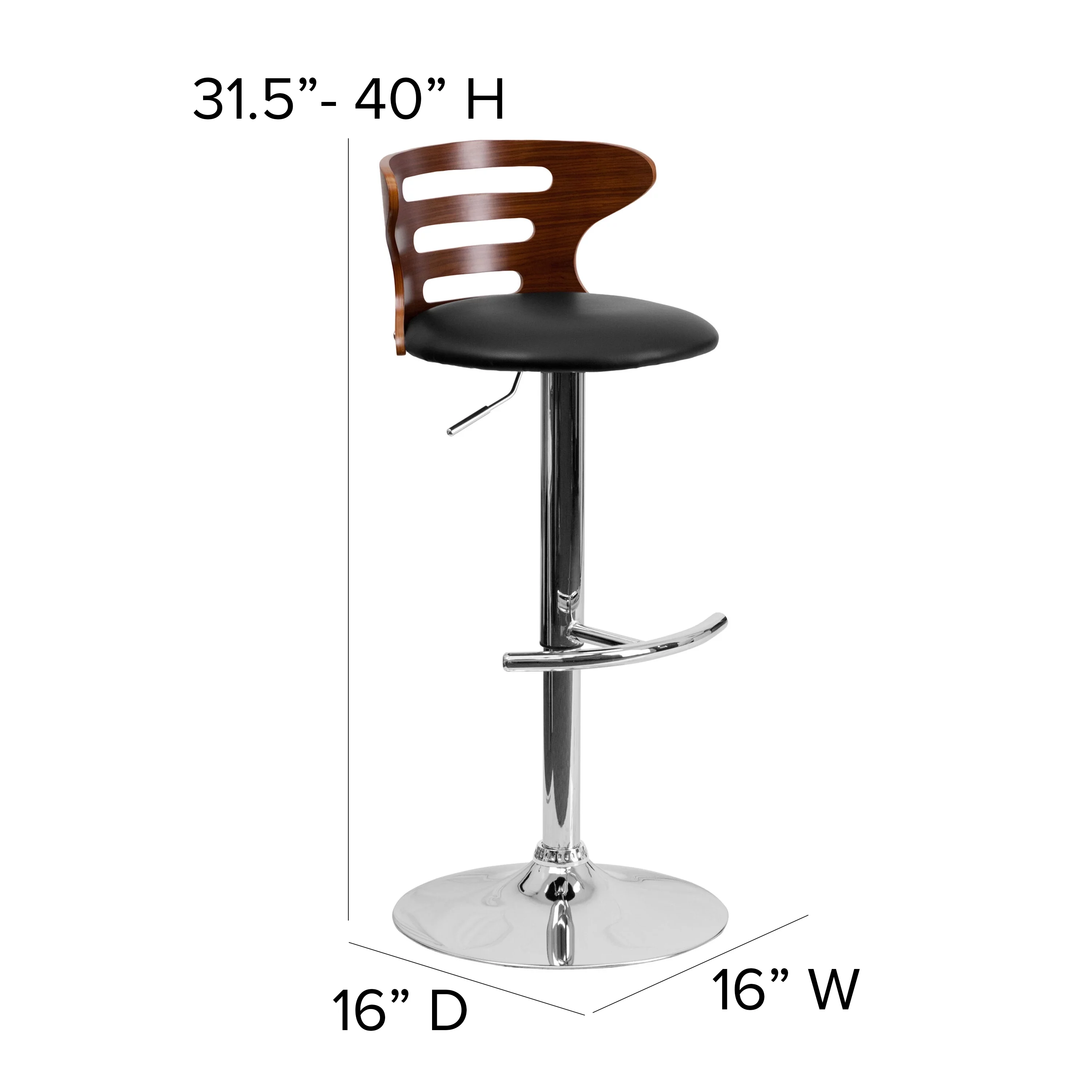 Flash Furniture Gallahan Walnut Bentwood Adjustable Height Barstool with Three Slot Cutout Back and Black Vinyl Seat