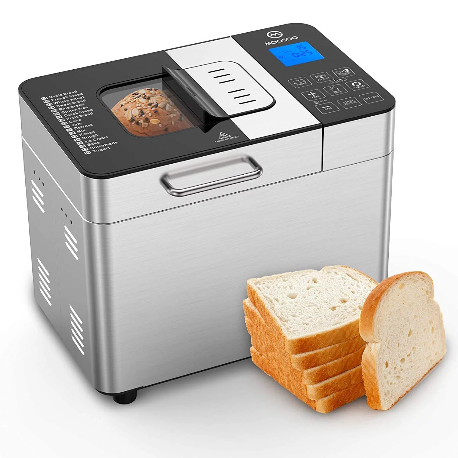 MOOSOO 18-in-1 Bread Machine 2LB Stainless Steel Programmable Bread Maker Machine with Gluten-Free Setting, Nonstick Ceramic Pot & Digital Touch Panel
