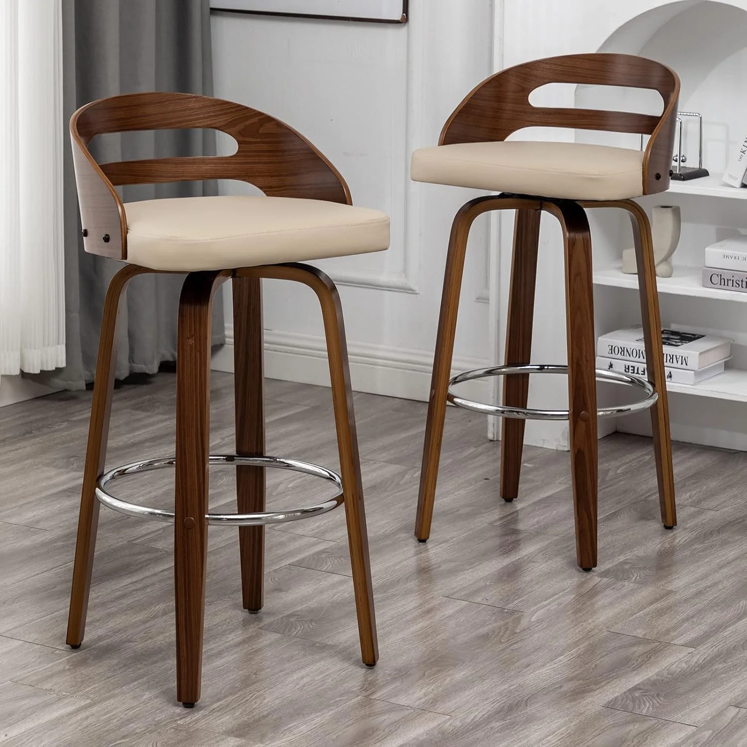 U-ToBe Bar Stools Set of 2, Swivel Bar Height Stools with Low Back, Wood Bar Chairs with Soft Cushion Seat, 30.31-Inch Seat Height (Black, 30