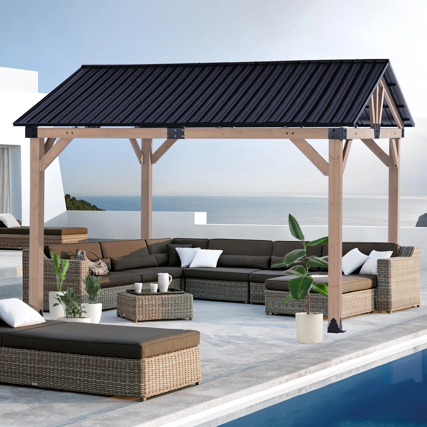 HEAVDUTY 10x12 FT Wood Gazebo Outdoor – Hardtop Metal Roof Gazebo with Cedar Frame – Patio Gazebo for Wood Carport Use – Gable Roof Pavilion Gazebo para Patio, Backyard, Deck, Lawn and Garden