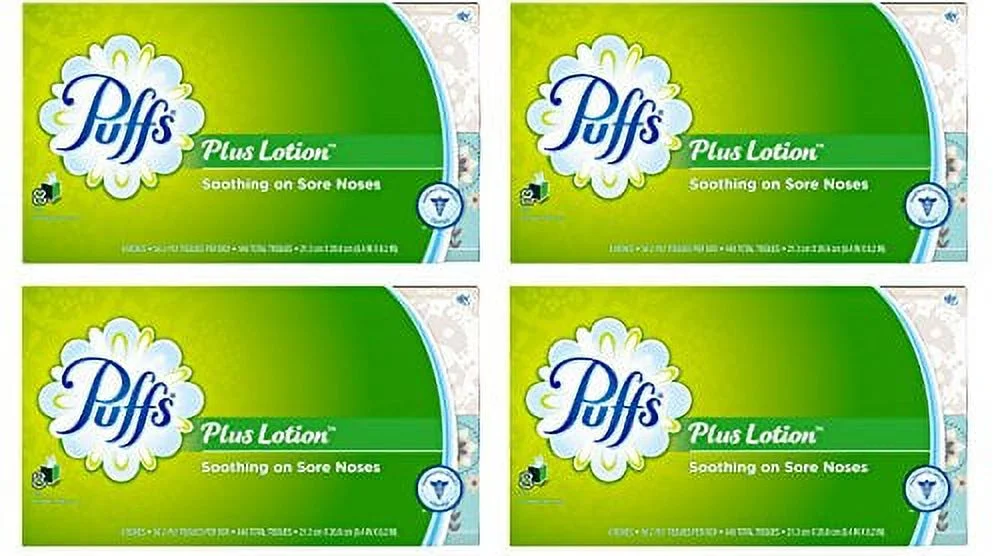 Puffs Plus Lotion Facial Tissues, 4 Family Boxes, 124 Tissuesper Box