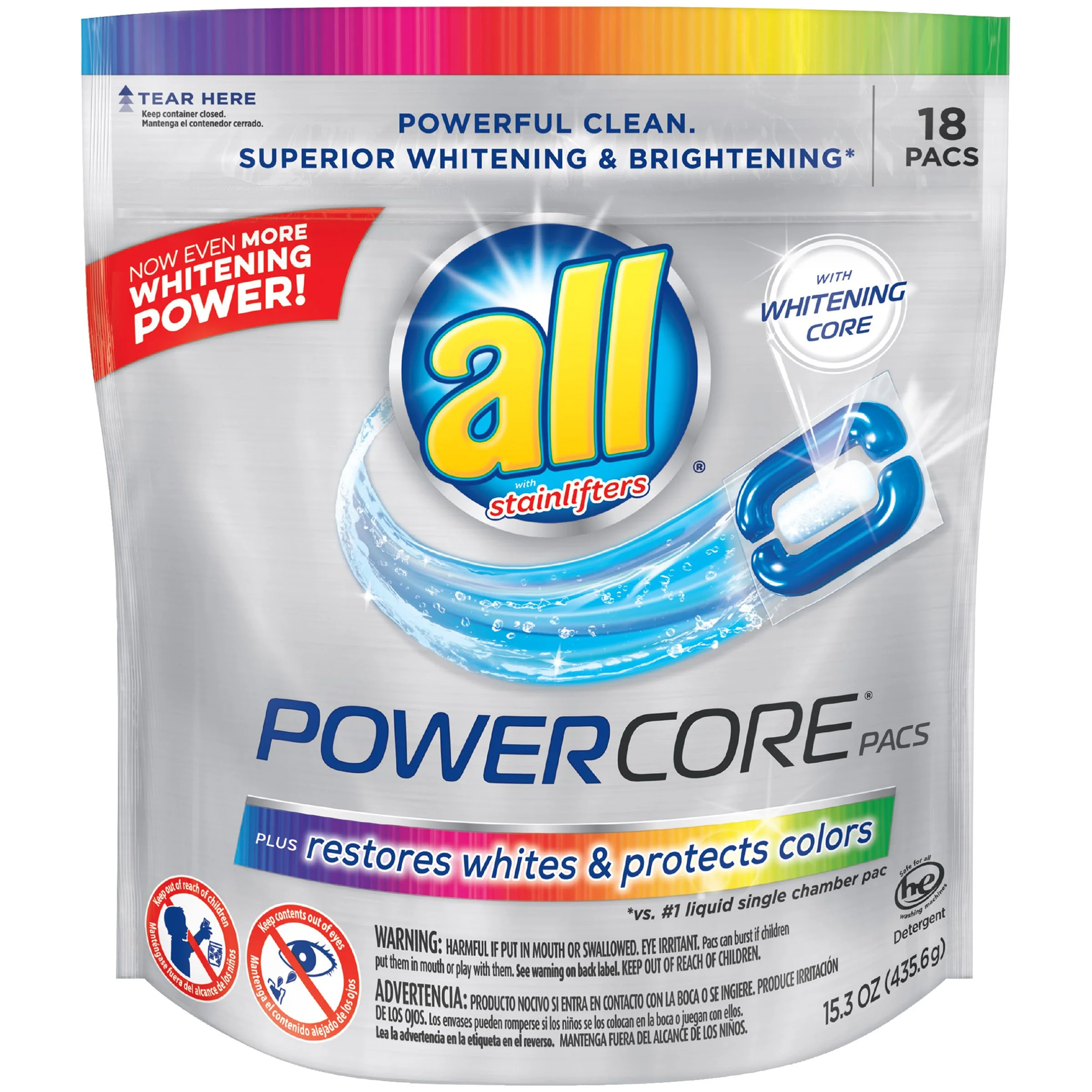 all PowerCore Pacs Laundry Detergent Plus Restores Whites & Protects Colors, Pouch, 18 Count