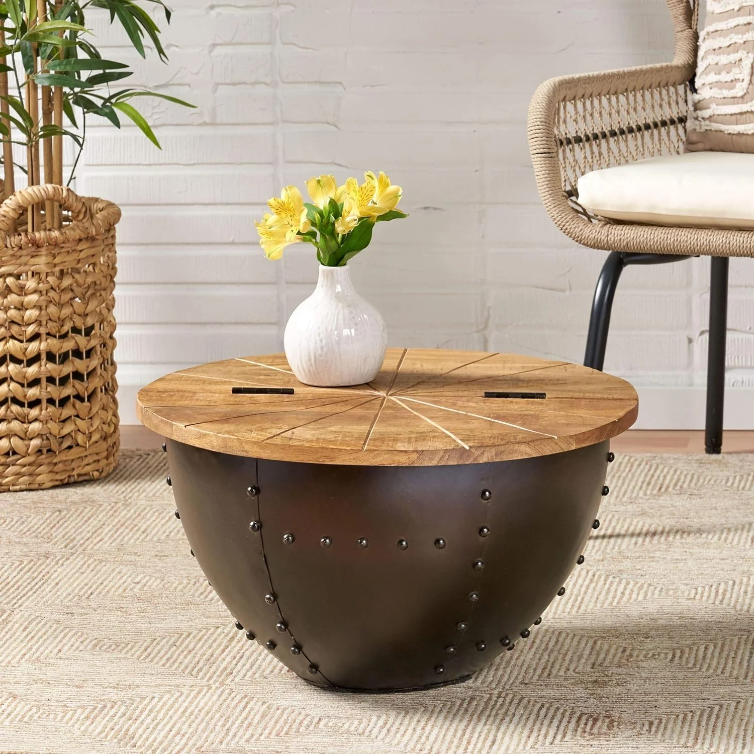 HBBOOMLIFE Absecon   Mango Wood Coffee Table Black Natural Industrial Modern Contemporary Round Iron Finish Solid