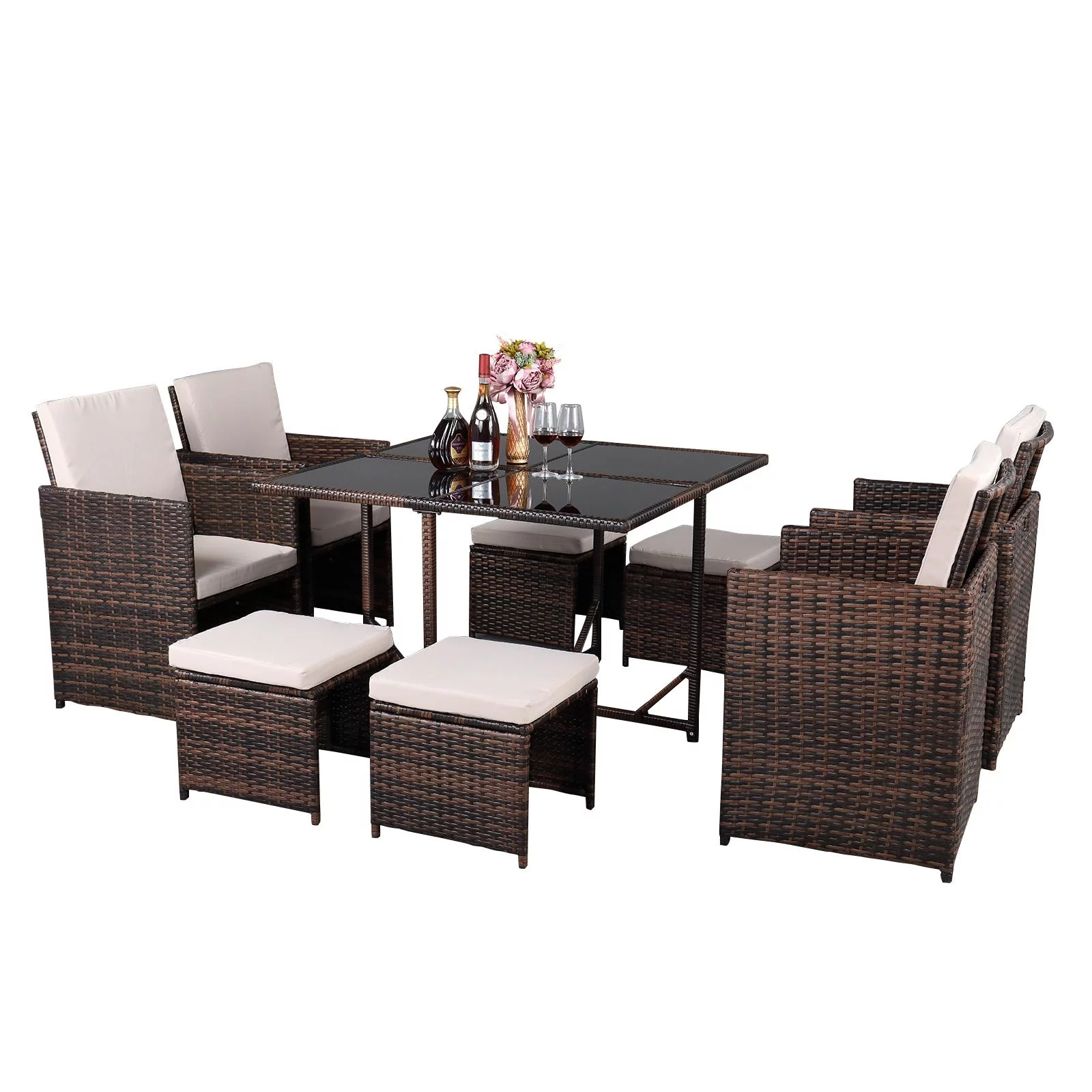 Ktaxon 9PCS Wicker Rattan Set Table Sofa Lounge Couch Set Brown