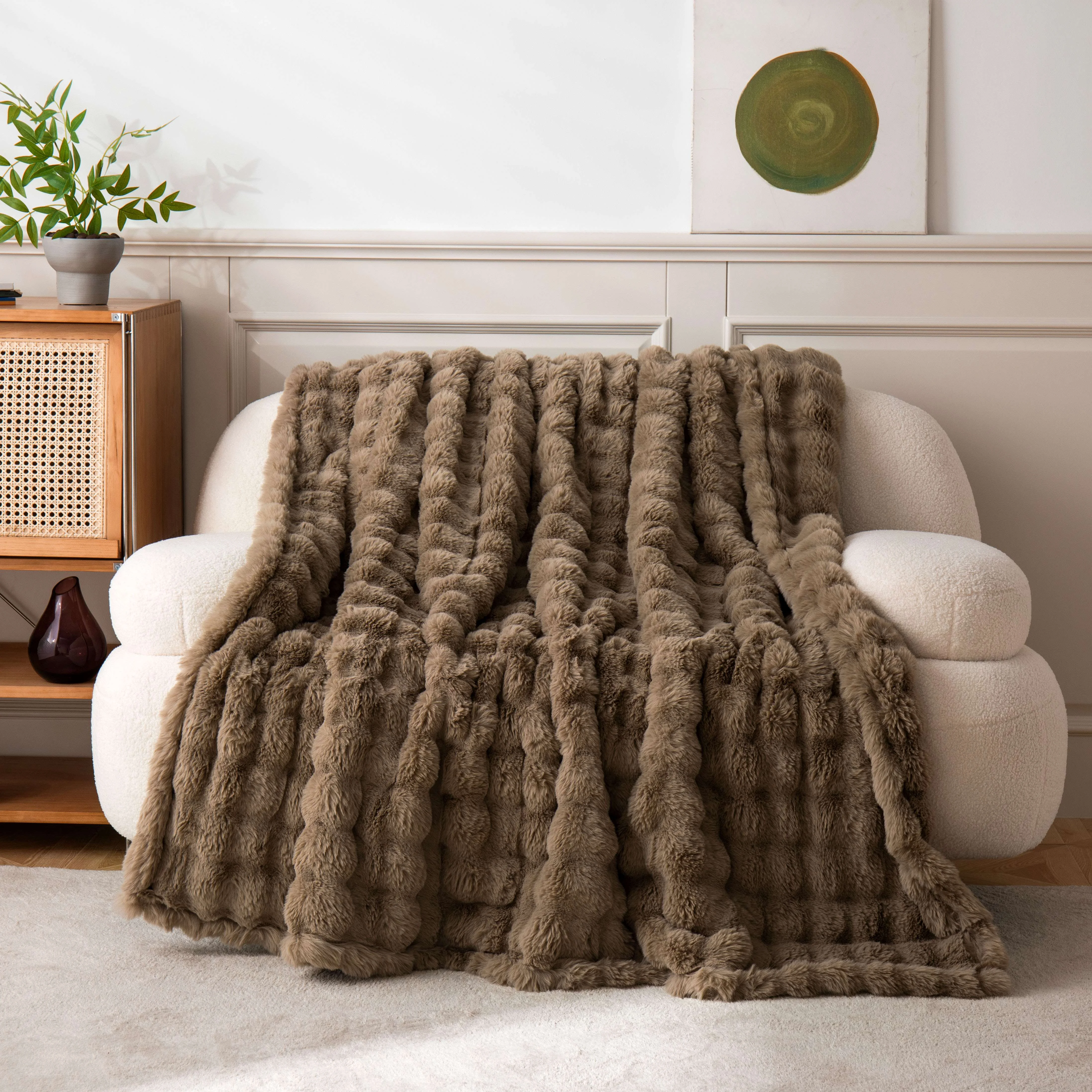 Ashford Home Cascade Ultra Fine Faux Fur Throw Blanket, Beige, 50 x 60 inches