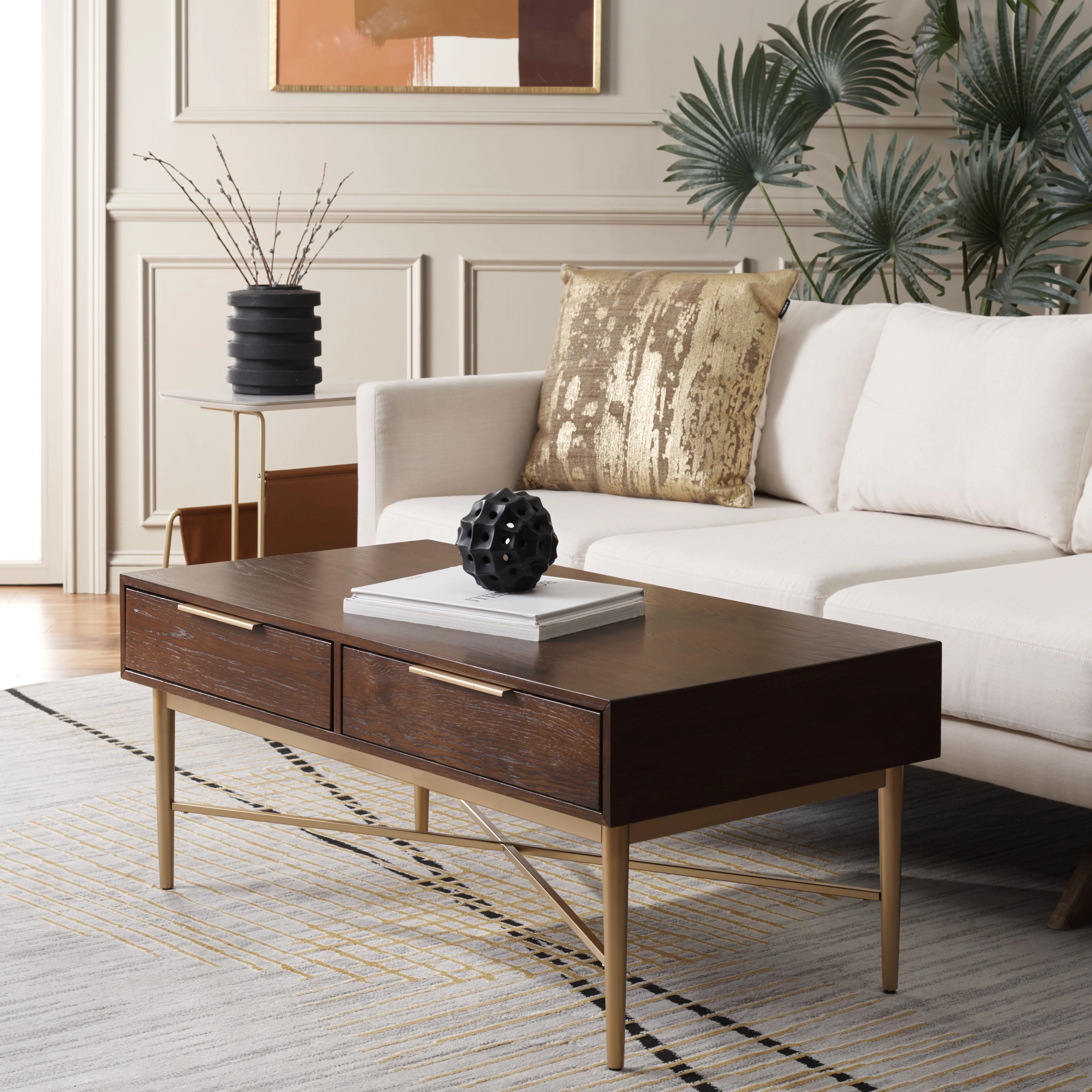 SAFAVIEH Pierre Contemporary 2 Drawer Coffee Table, Walnut/Gold (42 in. W x 22 in. D x 18 in. H)