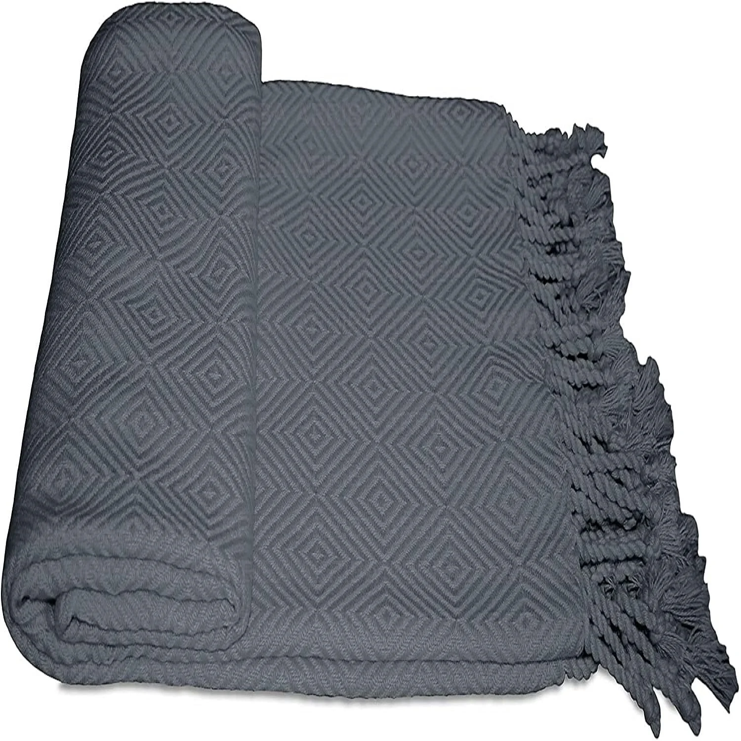 100% Ring Spun Cotton Diamond Throws Blankets Hand Woven with Fringe Super Soft 50''x60'' Grey