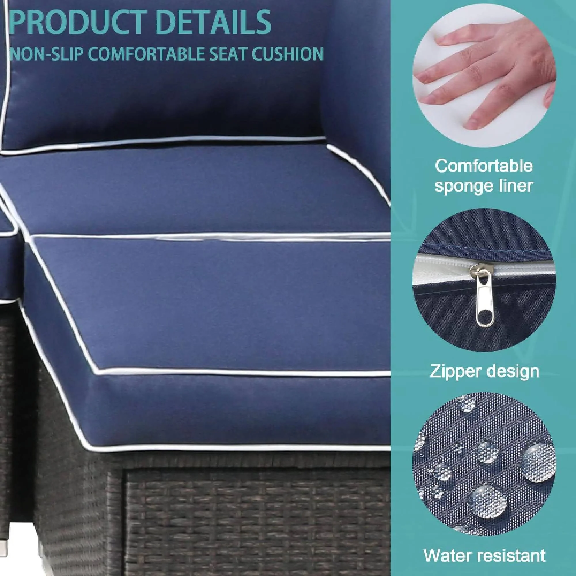 FKSLIFE Patio Furniture Replacement Cushions Outdoor Sectional Ratten Conversation Set Water-Resistant Sofa Cushions Liner and Cover Dark Blue and White 14 Piece 25.6