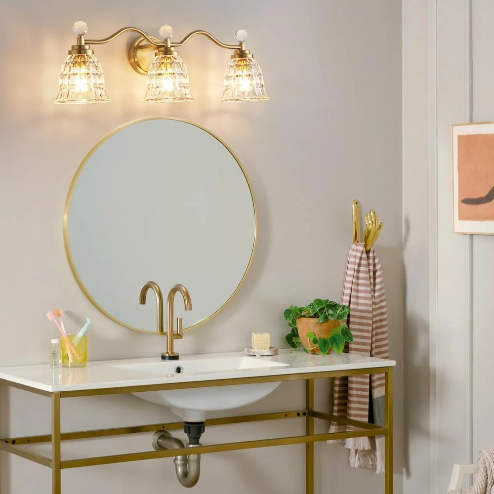 HYUN Bathroom Light Fixtures Modern Vanity Lights with Crystal Flower Shades, LED Dimmable Bathroom Vanity Light Wall Sconce Lighting for Bath, Ladies Room, Powder Room (Gold, 3-Lights)