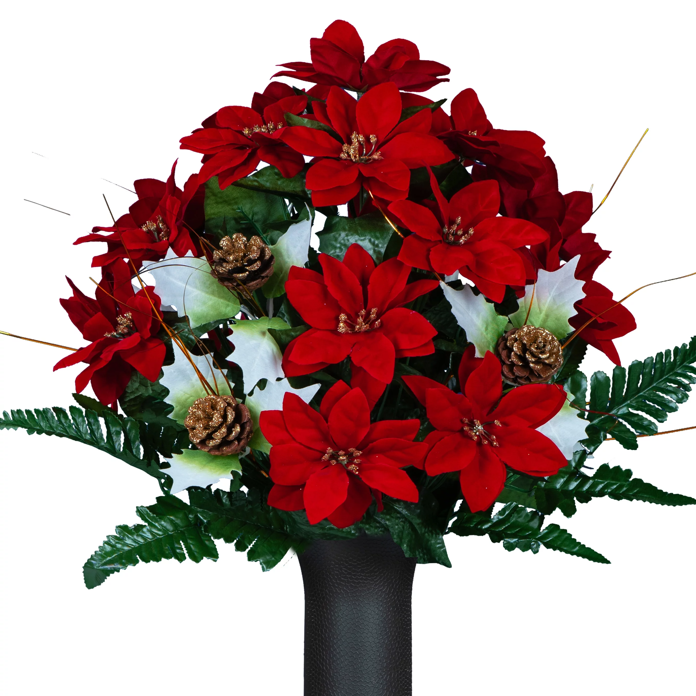 Sympathy Silks Artificial Cemetery Flowers Red Poinsettias with Glitter Pinecones and Holly