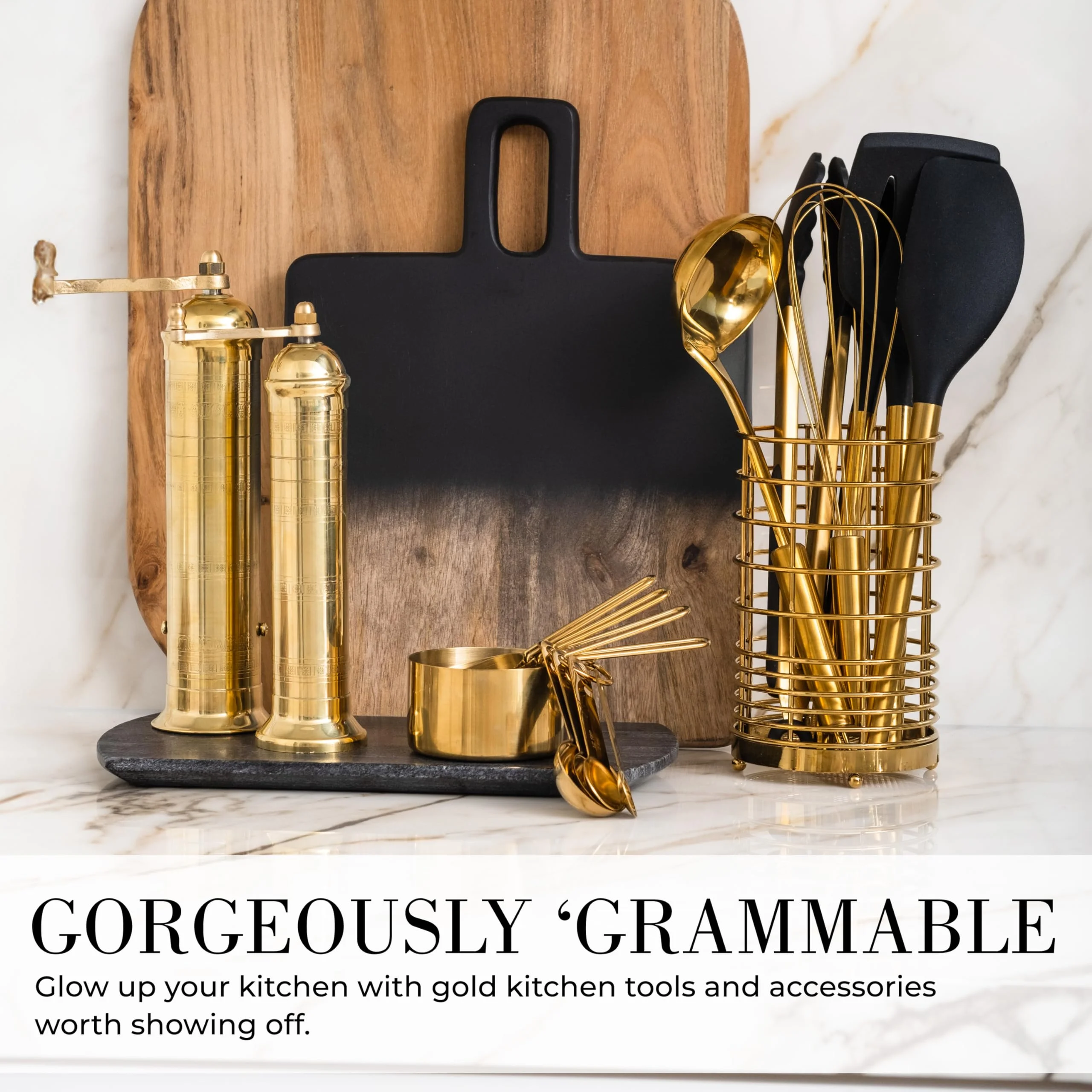 Styled Settings Black and Gold Kitchen Utensils Set - 15 Piece Gold Utensils Set Includes Non-Stick, BPA-Free, Black Silicone and Gold Cooking Utensils Set and Gold Measuring Cups and Spoons Set