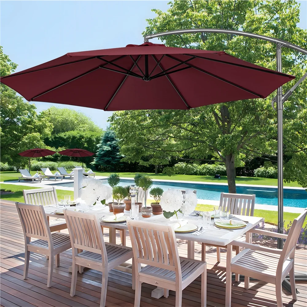 Alden Design 10 Ft Patio Offset Umbrella with Crank & Cross Base for Outdoor, Burgundy