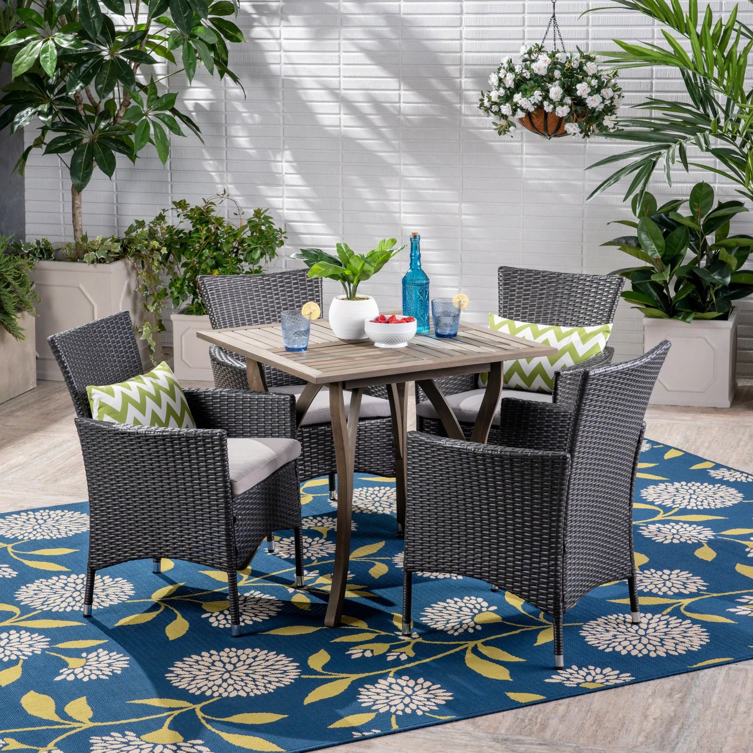 GDF Studio Hahn Outdoor Acacia Wood and Wicker 5 Piece Dining Set with Cushions, Gray and Light Gray