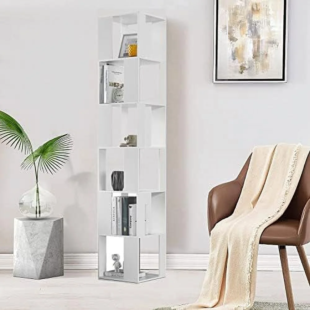JDZHAPPYLIFE Rotating Bookshelf 6 Tier  Floor Standing Revolving Bookcase  Rack Wood Narrow Bookshelf for Small Space Corner Book  Organizer for Bedroom  Living Room