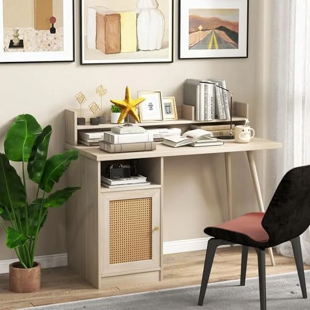 CHUIJN Mid Century Desk with Hutch  48\u201D Writing Study Desk with PE Rattan  Cabinet & Shelves  Laptop PC Desk with Rubber Wood Legs  Compact Computer Workstation for Home Office (
