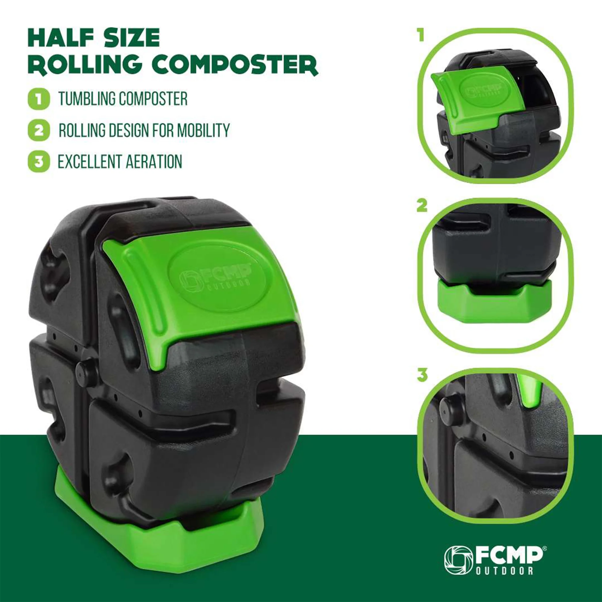 FCMP Outdoor Half Size 19 Gallon Plastic Rolling Compost Tumbler Bin, Green