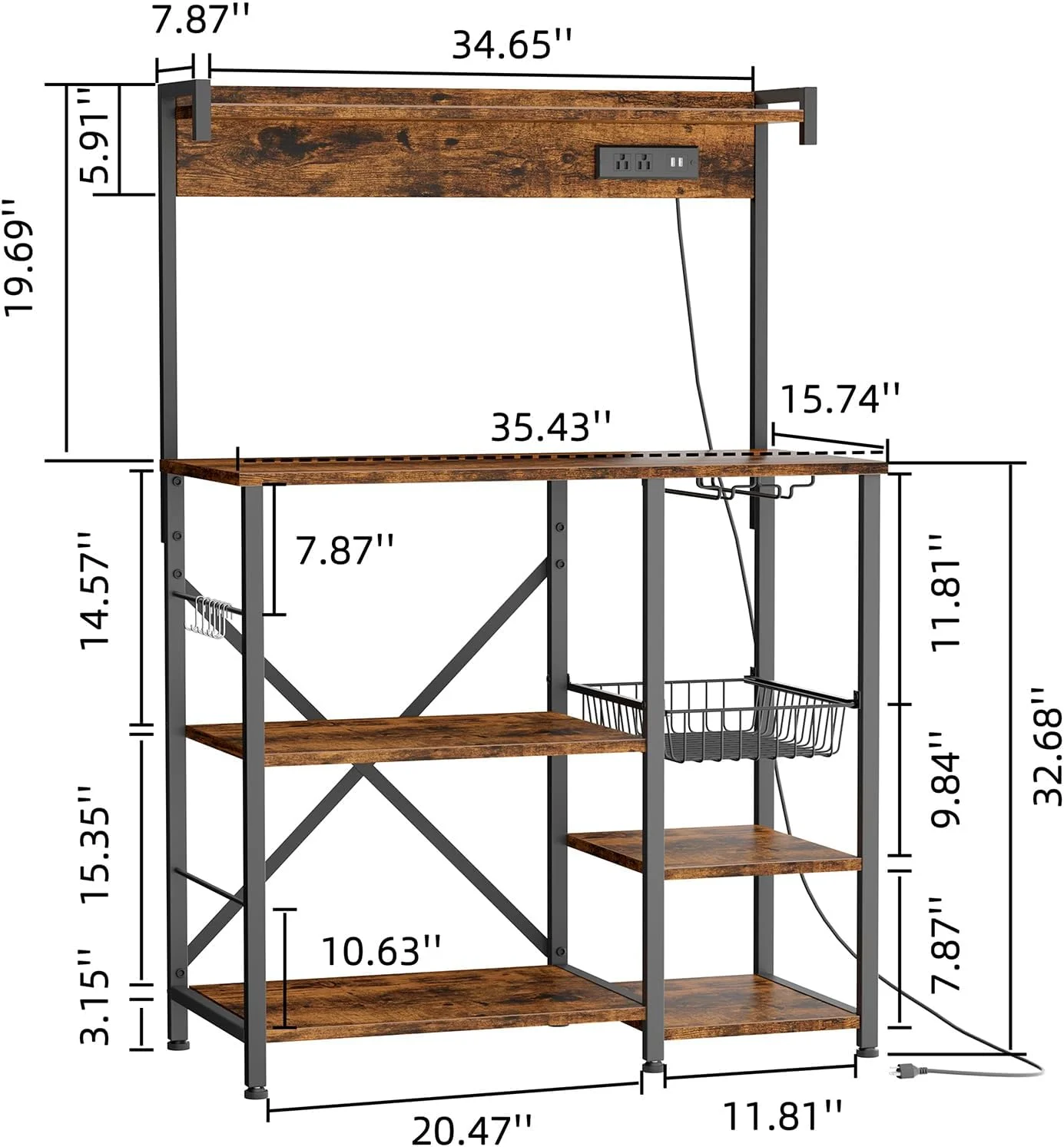 Kitchen Bakers Rack with Power Outlet, Microwave Stand with 6 S-Shaped Hooks, 4-Tier Coffee Bar Microwave Rack (23.62'', Rustic Brown)