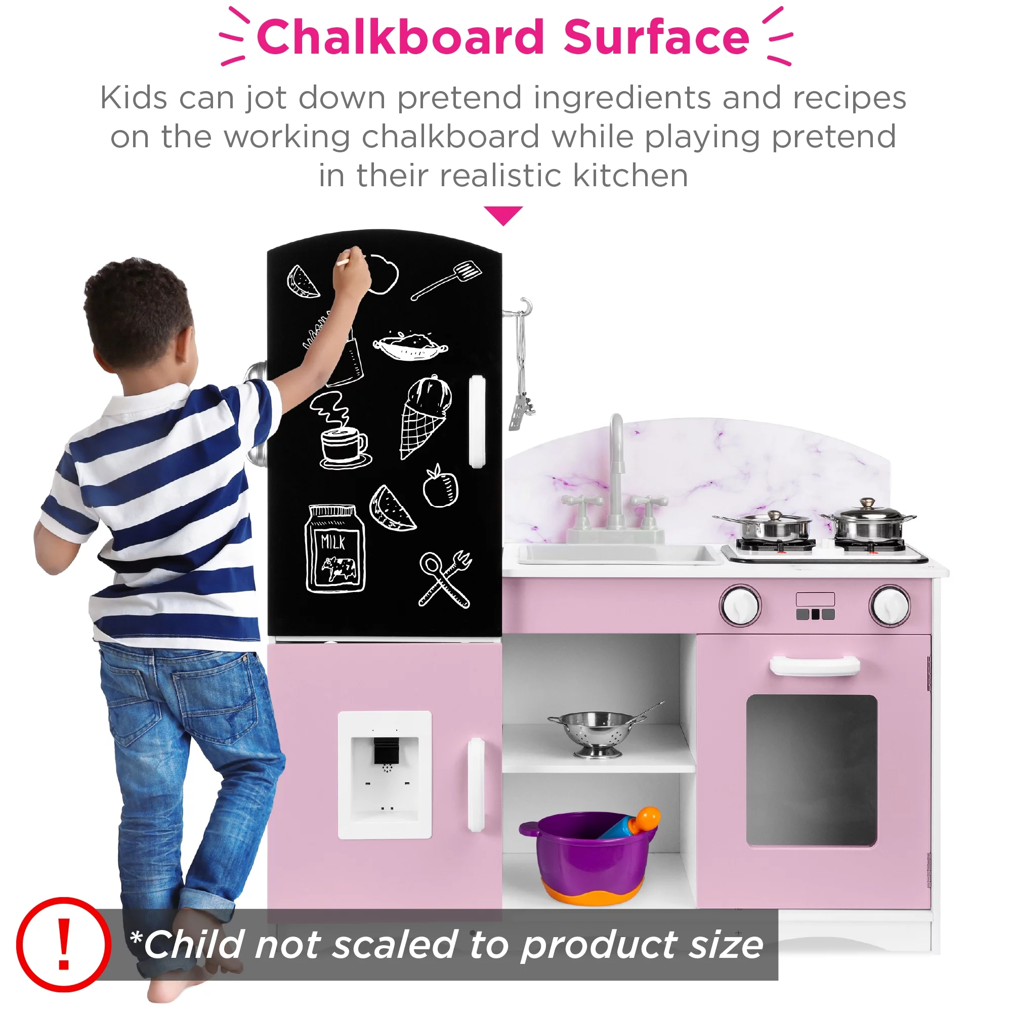 Best Choice Products Wooden Pretend Play Kitchen Toy Set for Kids w/ Chalkboard, Marble Backdrop, 7 Accessories - Pink