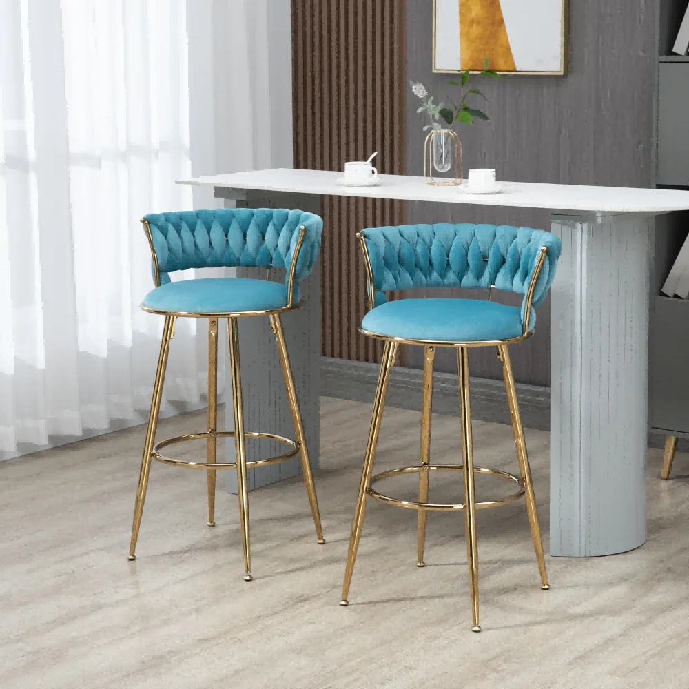 Velvet Tufted Counter Height Bar Stool Chairs with Solid Metal Legs Upholstered Bar Stools, Kitchen Island Padded Barstools with Footrest High Dining Chairs(Blue,Set of 2)