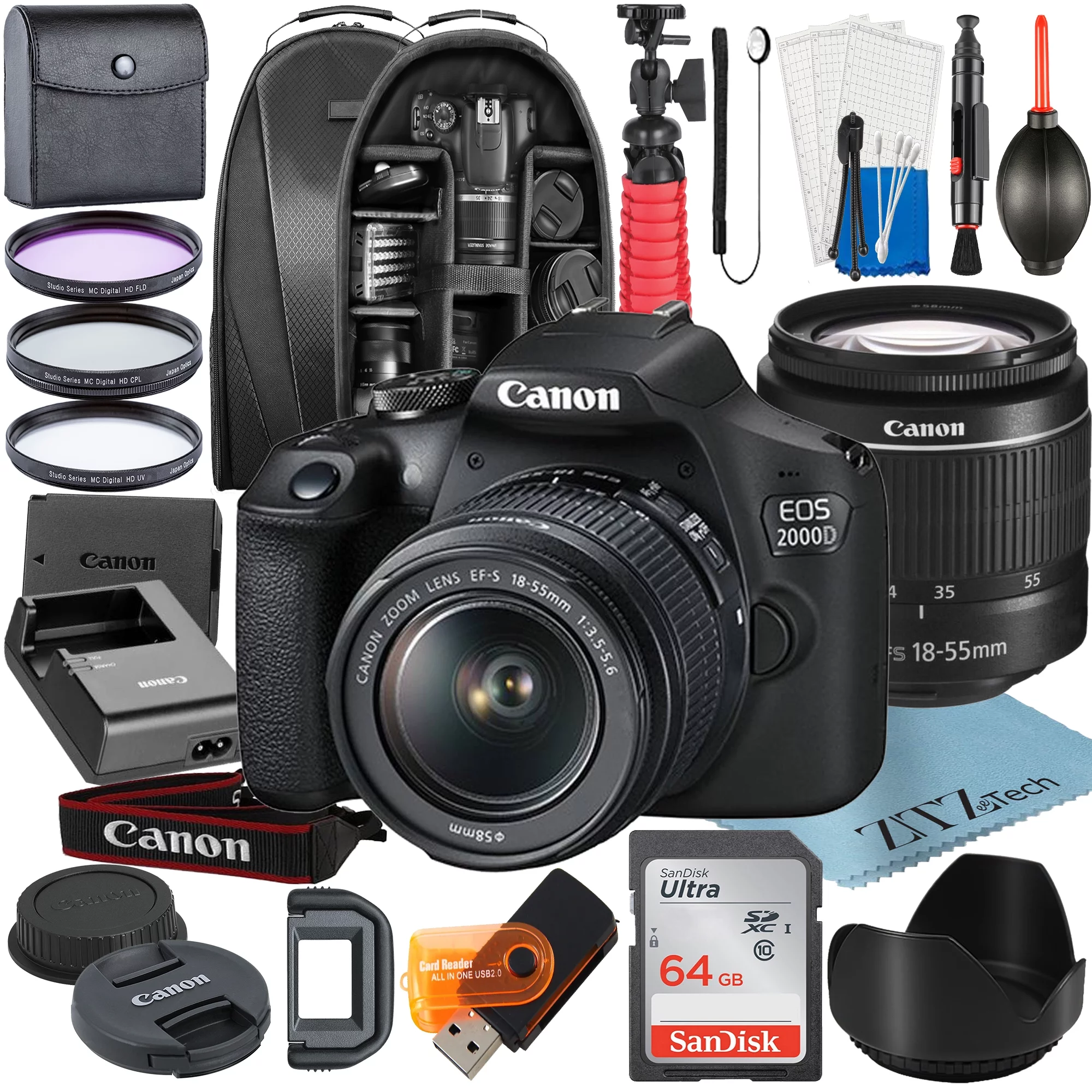 Canon EOS 2000D (Rebel T7) DSLR Camera Bundle: Includes 18-55mm Zoom Lens + SanDisk 64GB Card + Backpack + Tripod + 3 Pieces Filter Kit and More