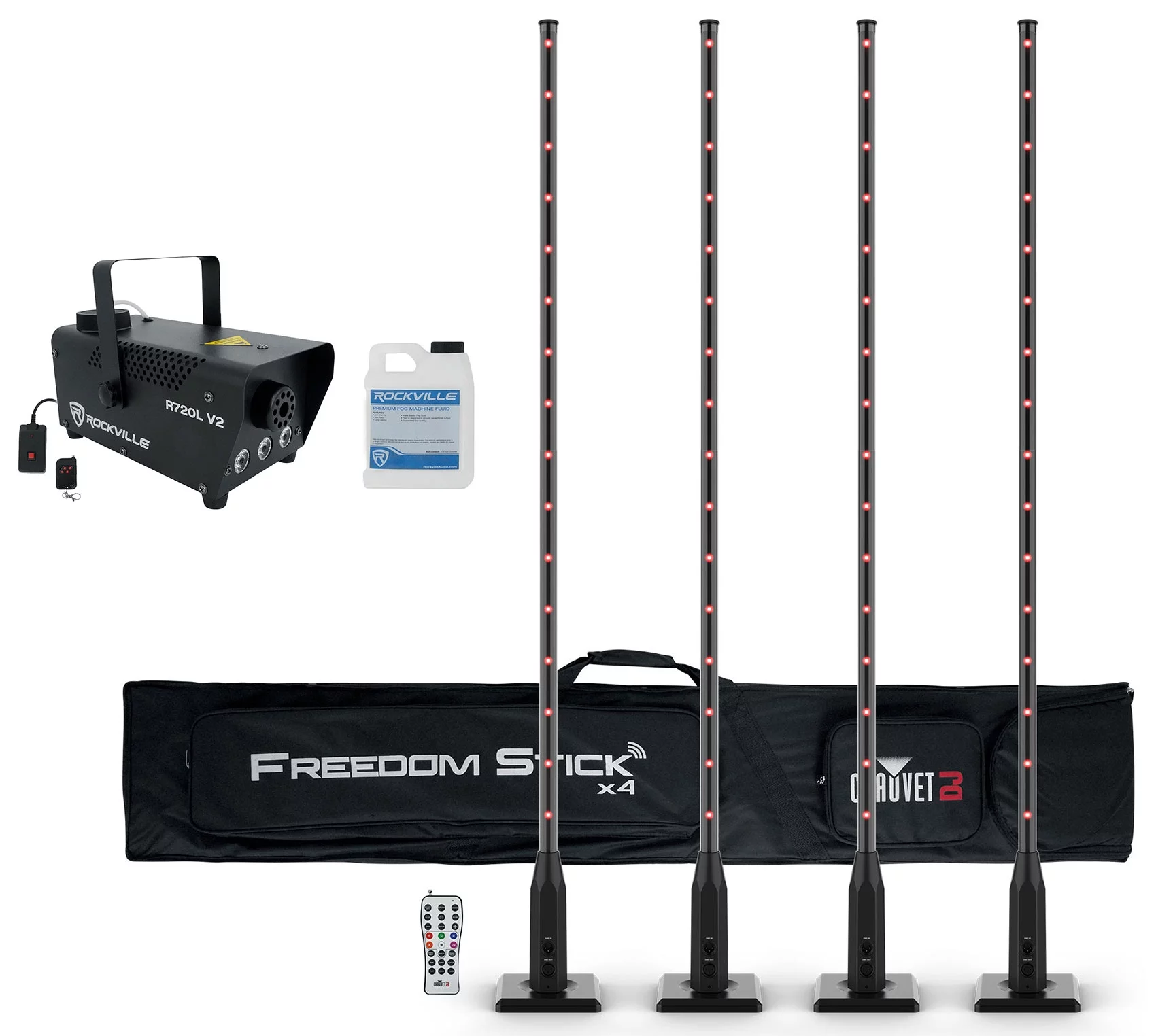 Chauvet DJ Freedom Stick X4 4 Wireless Battery RF DMX Light Sticks+Remote+Fogger