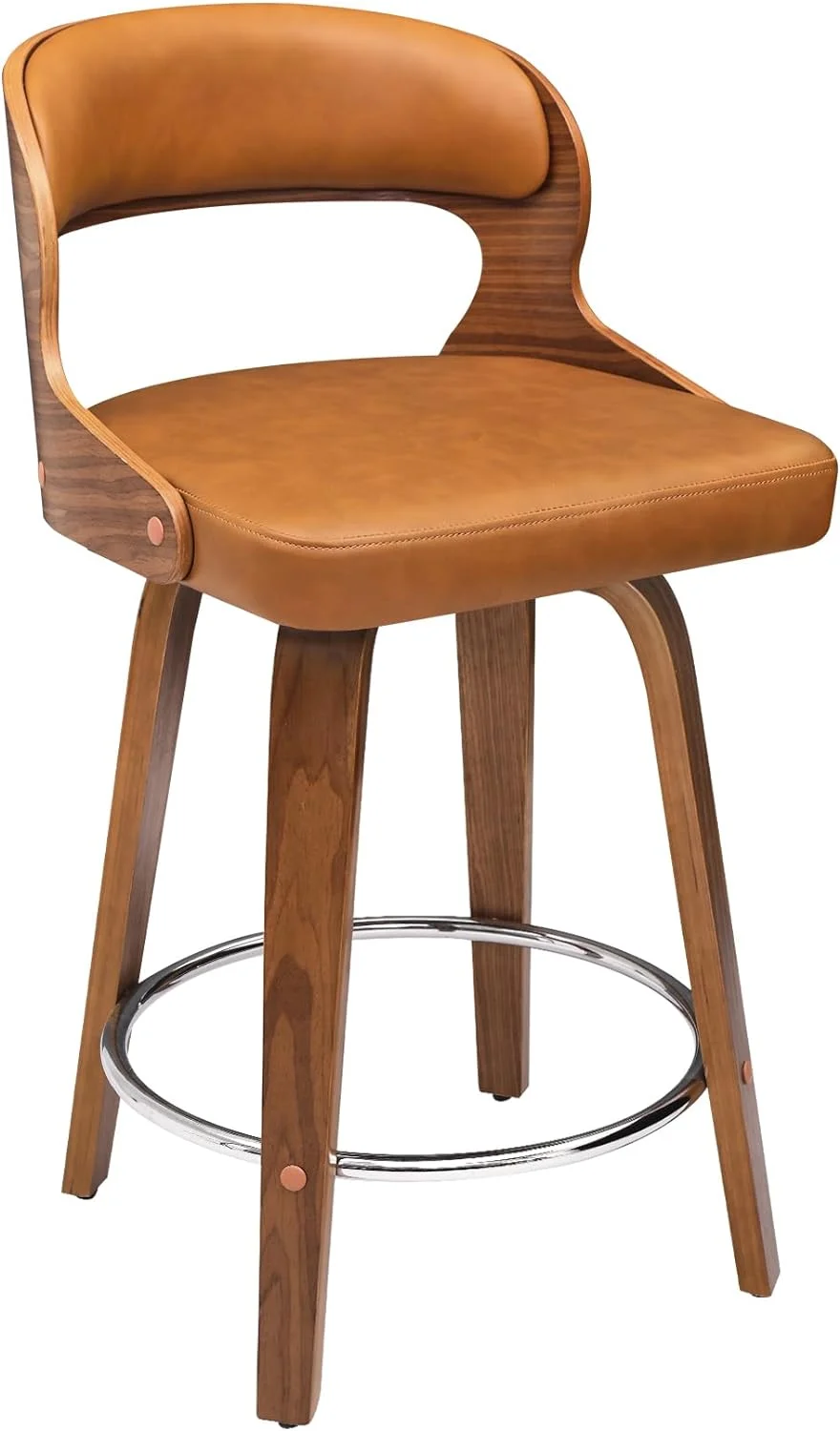U-ToBe Bar Stools Swivel, Mid Century Modern Bar Stools, 26 Inch Bar Chairs with Hollow Back, Walnut Finish and Faux Leather Seat, Counter Height Barstool Set of 4, Whiskey Brown
