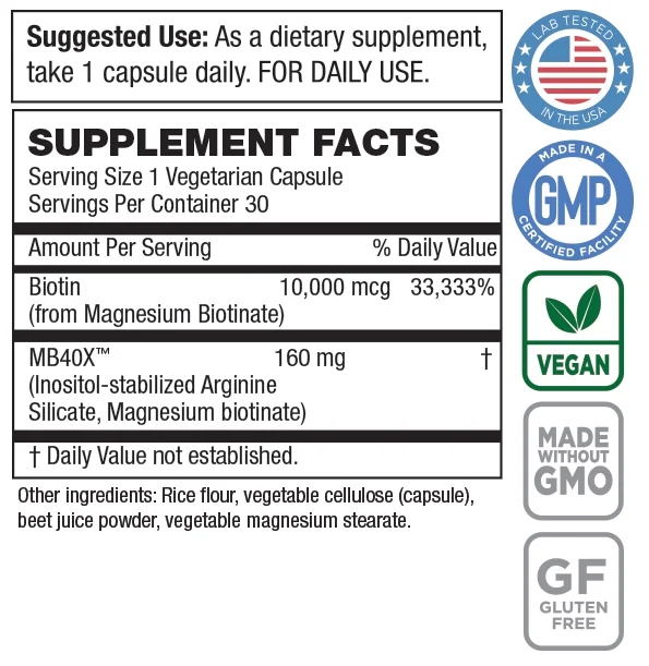 Purity Products MyBiotin™ Vegetarian Capsules, 10,000 Mcg Biotin, 30 Count per Pack