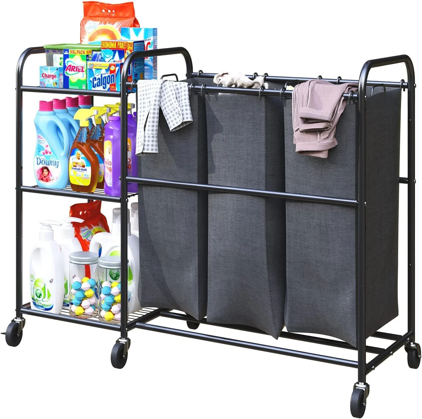 HOYRR  Laundry Hamper Sorter Cart with Storage Shelf and Rolling Wheels, 3 Bag Organizer, Black
