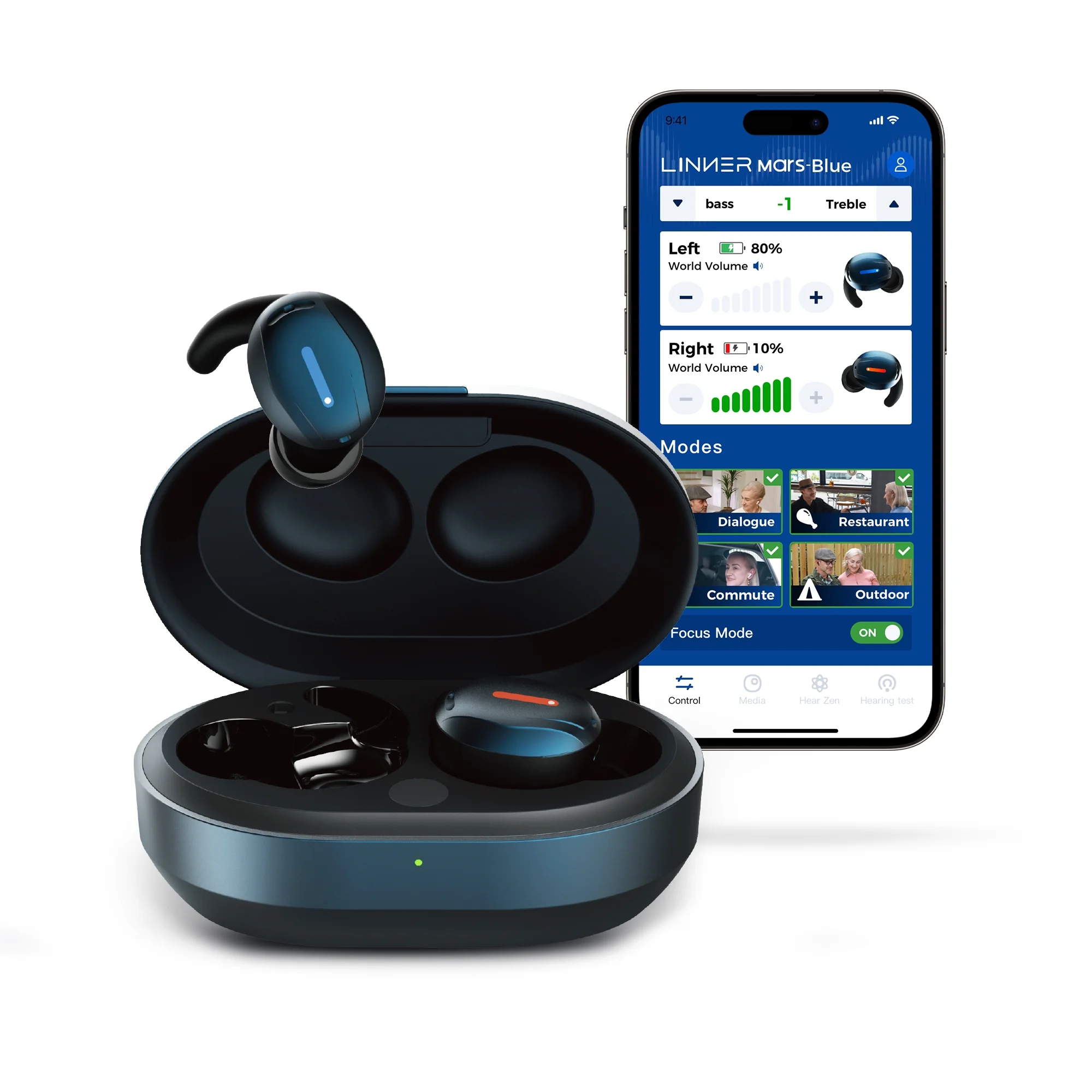 LINNER Mars OTC In-Ear Hearing Aids with Noise &Feedback-Cancellation Discreet Fit for All-Day Comfort with Focus Mode - Cosmic Blue