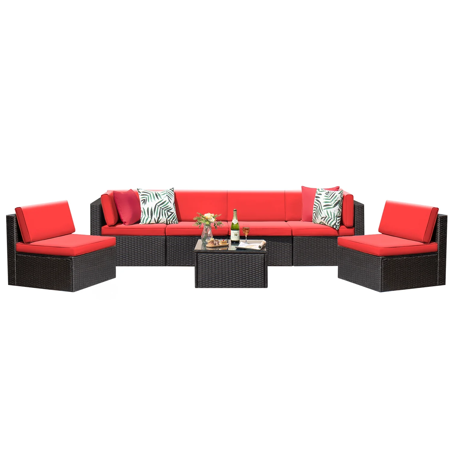 Vineego 7 Pieces Outdoor Patio Furniture Sets Wicker Sectional Sofa All-Weather PE Rattan Conversation Sets, Red