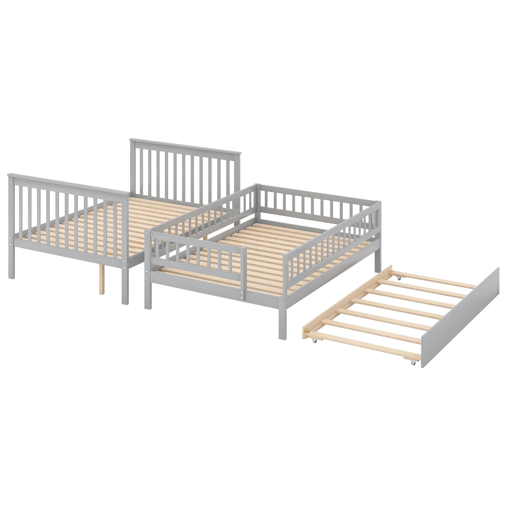 Living Pavilion Full over Full Bunk Bed with Trundle and Staircase,Pine wood MDF, Gray