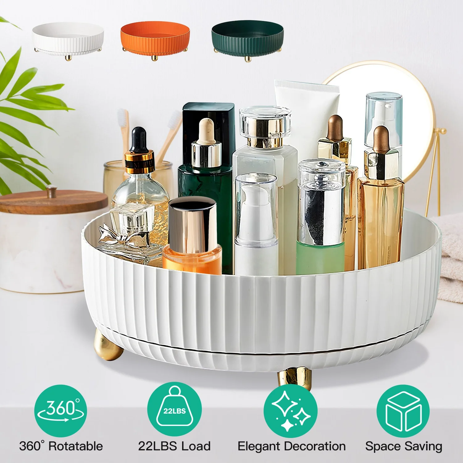 iMounTEK 360° Rotating Makeup Organizer Perfume Cosmetic Storage Tray 22LBS Load for Lotion Lipstick, White