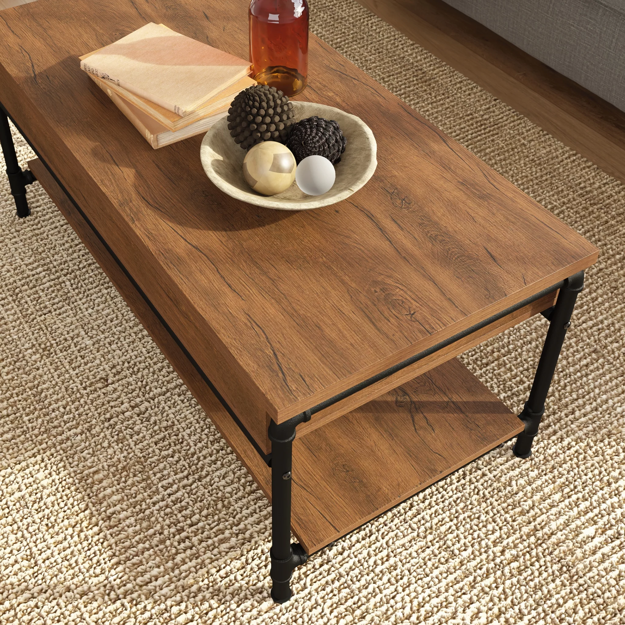 Sauder Iron City Industrial Pipe Lift-Top Coffee Table, Checked Oak Finish