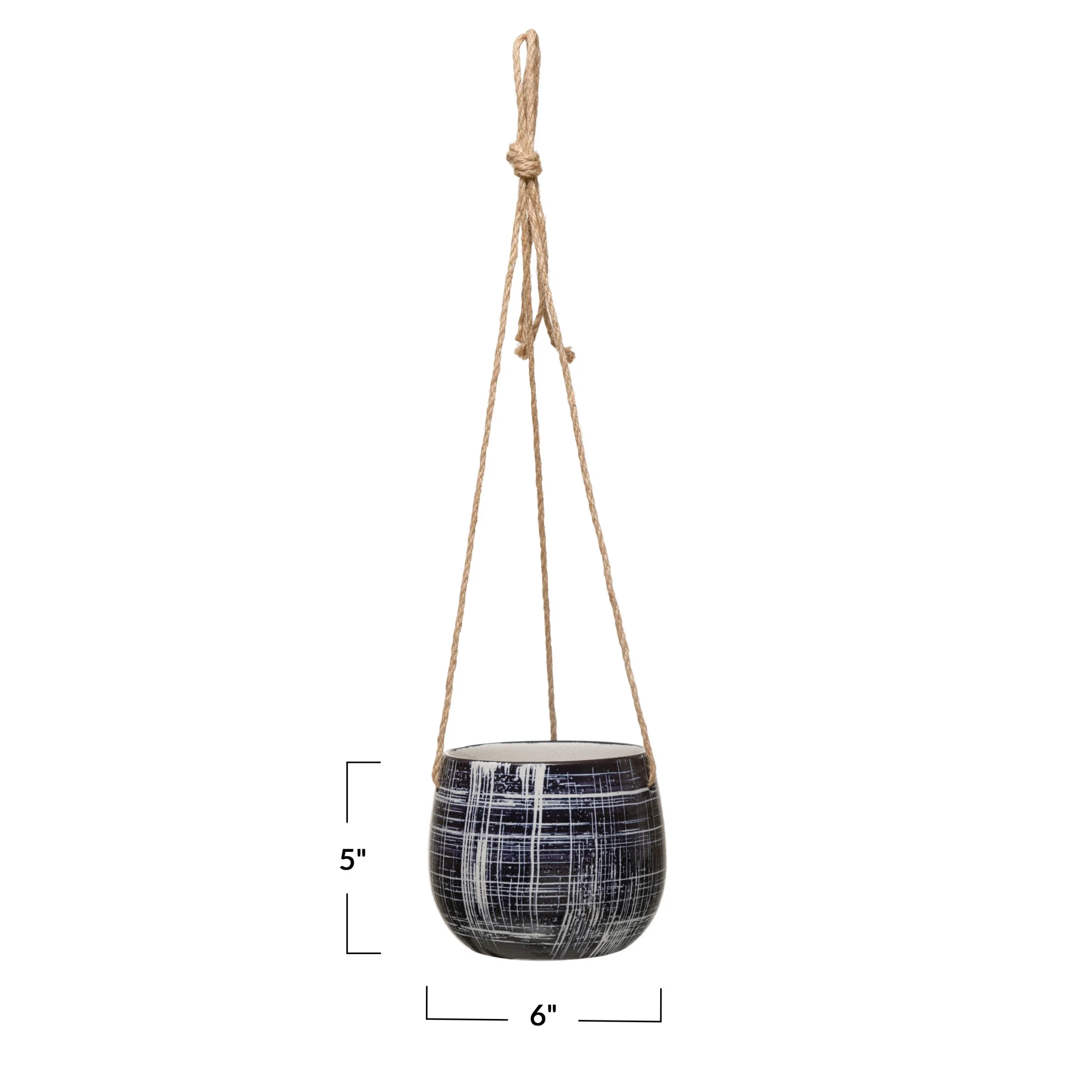 Creative Co-Op Round Hanging Stoneware Planter with Line Patterns and Jute Rope, Blue and Natural