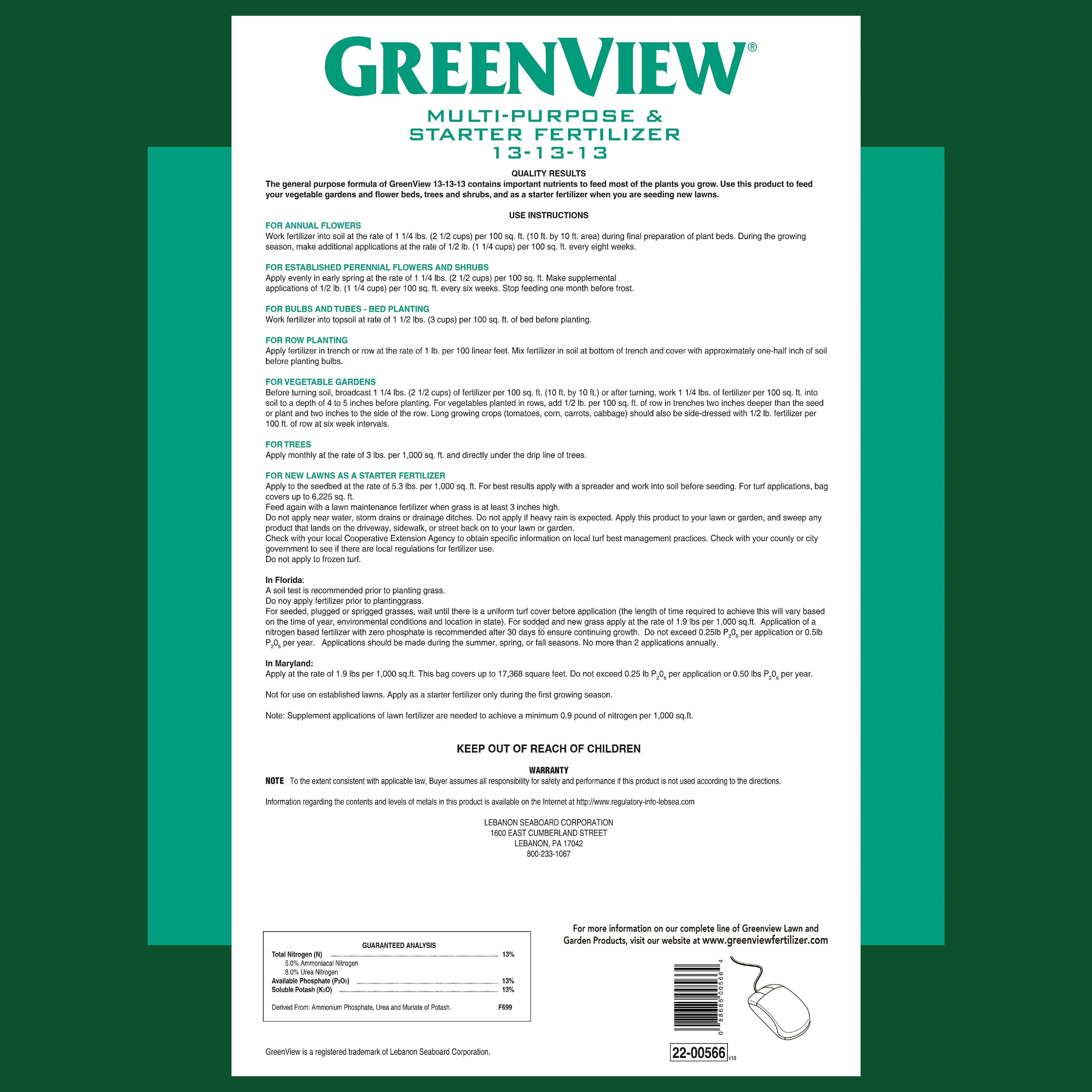 GreenView Multi-Purpose & Starter Fertilizer 13-13-13 Food - 33 lbs.