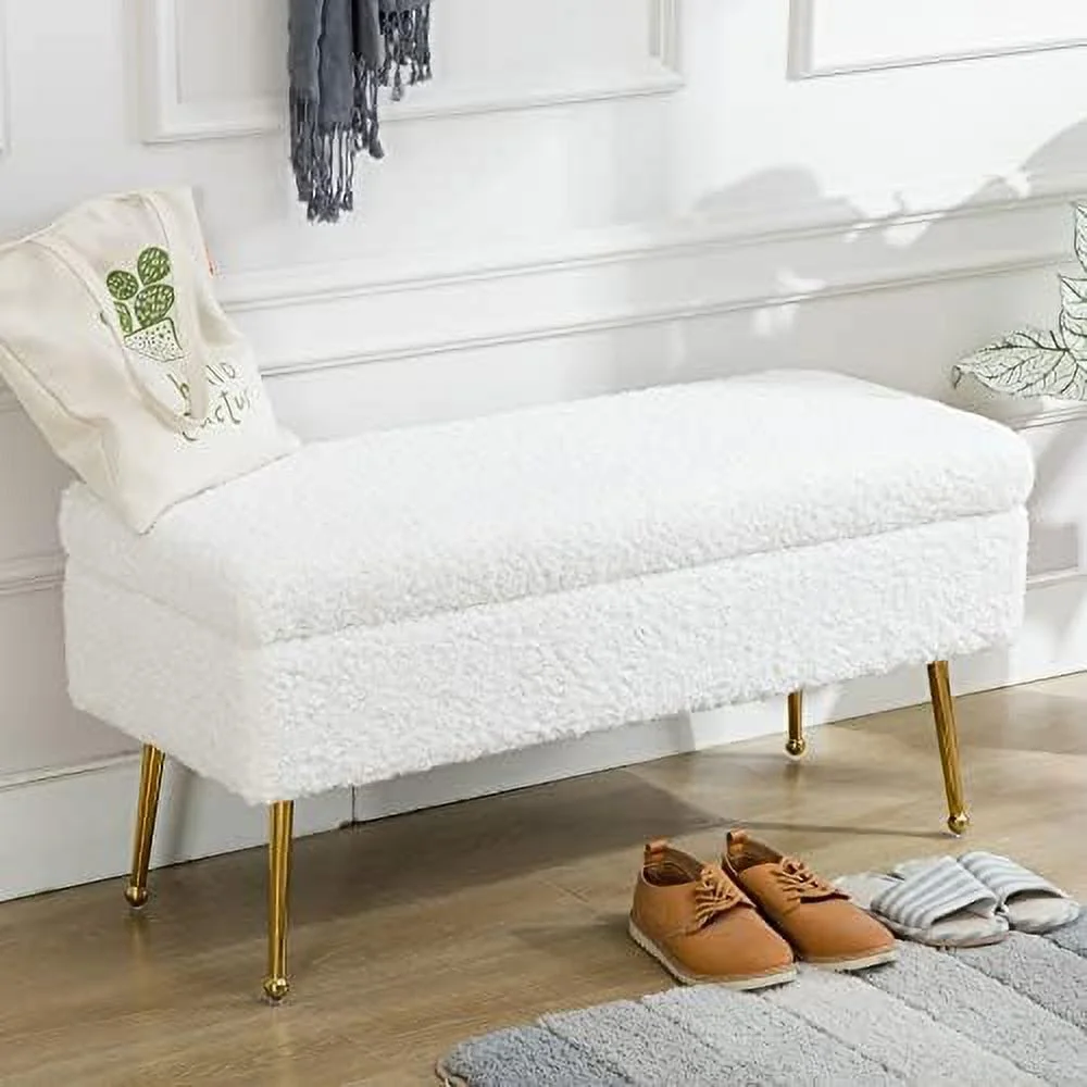 CGFHYP 55 Inch End of Bed Bench  Upholstered Faux Fur Bedroom  Foot  Stool with Gold Legs  Fuzzy Entryway Ottoman Bench for Bedroom Living Room Office  White