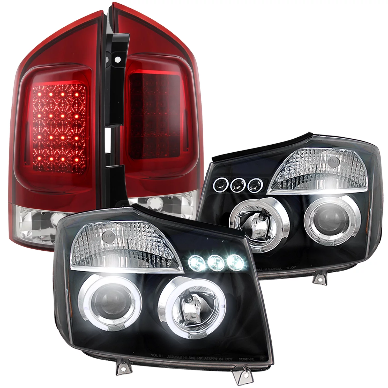 Spec-D Tuning Black Halo Projector +Red Tail Brake Lamps Compatible with 2005-2007 Nissan Armada Left + Right Pair Headlamps Assembly