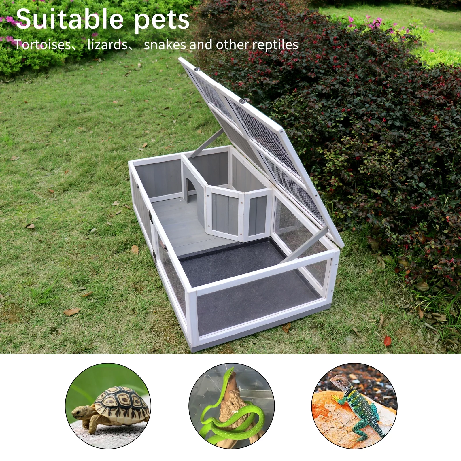 Tortoise Habitat, Wooden Tortoise House w/Removable Waterproof Tray Indoor Outdoor Turtle Enclosure for Small Animals Outdoor Wooden Reptile Cage