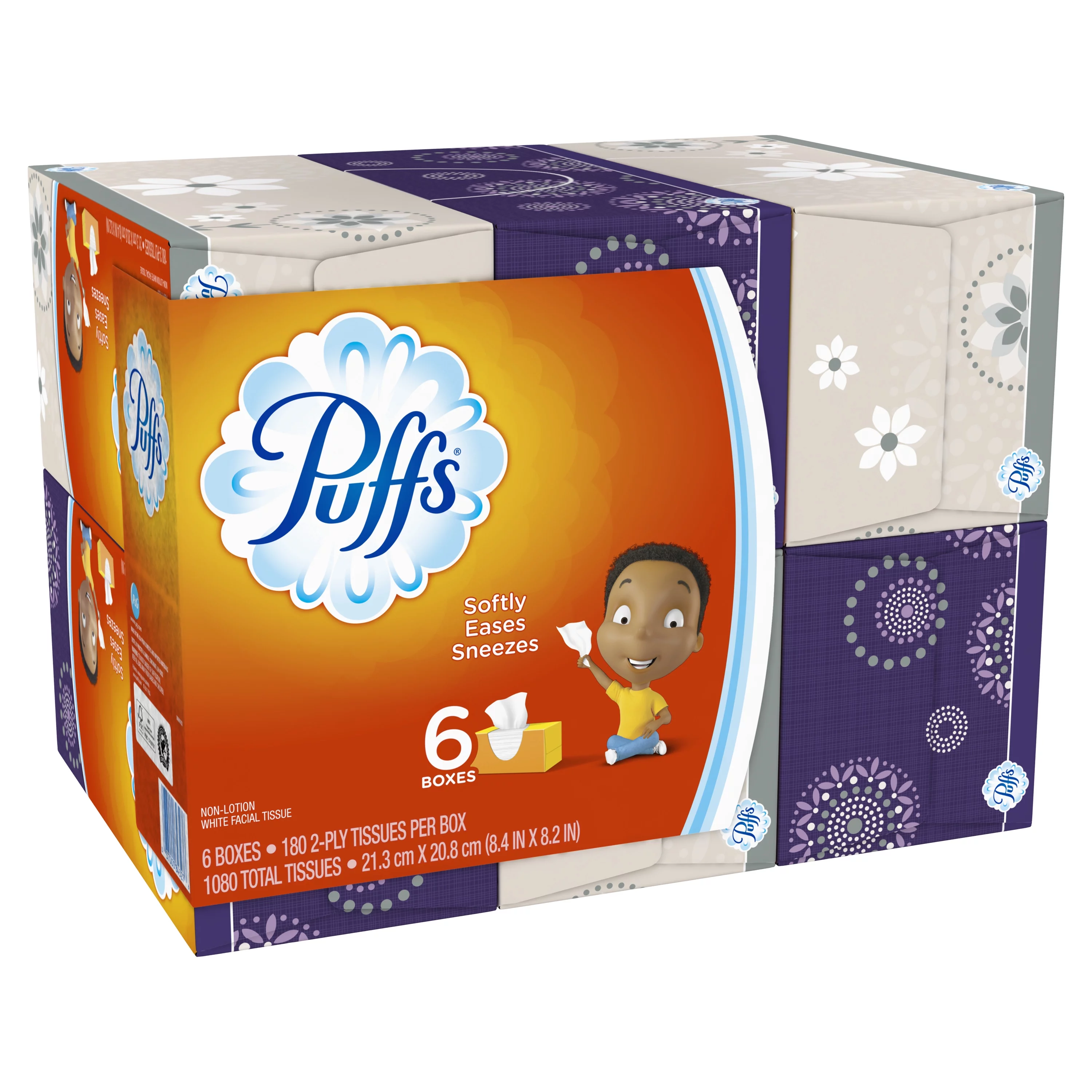 Puffs Everyday Non-lotion Facial Tissues, 6 Family Boxes, 1080 Ct