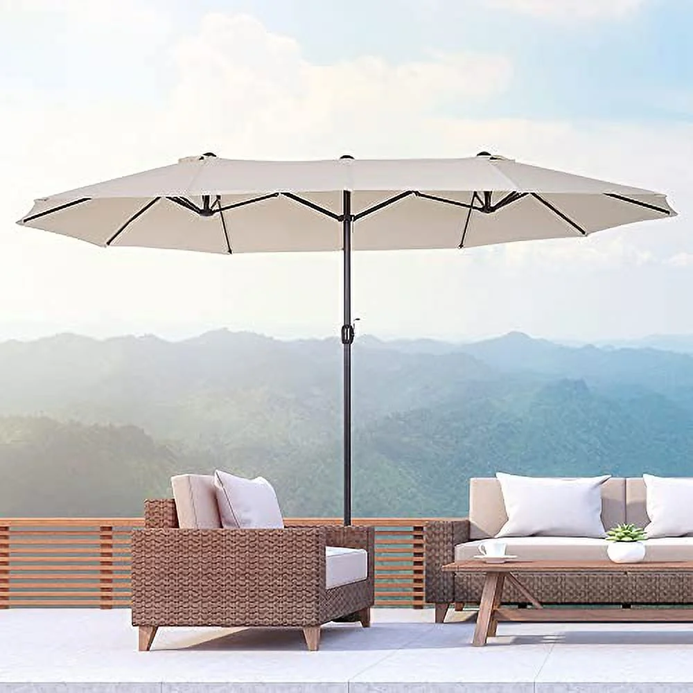 Outsunny Extra Large 15ft Patio Umbrella, Double-Sided Outdoor Umbrella with Crank Handle and Air Vents for Backyard, Deck, Pool, Market, Wine Red