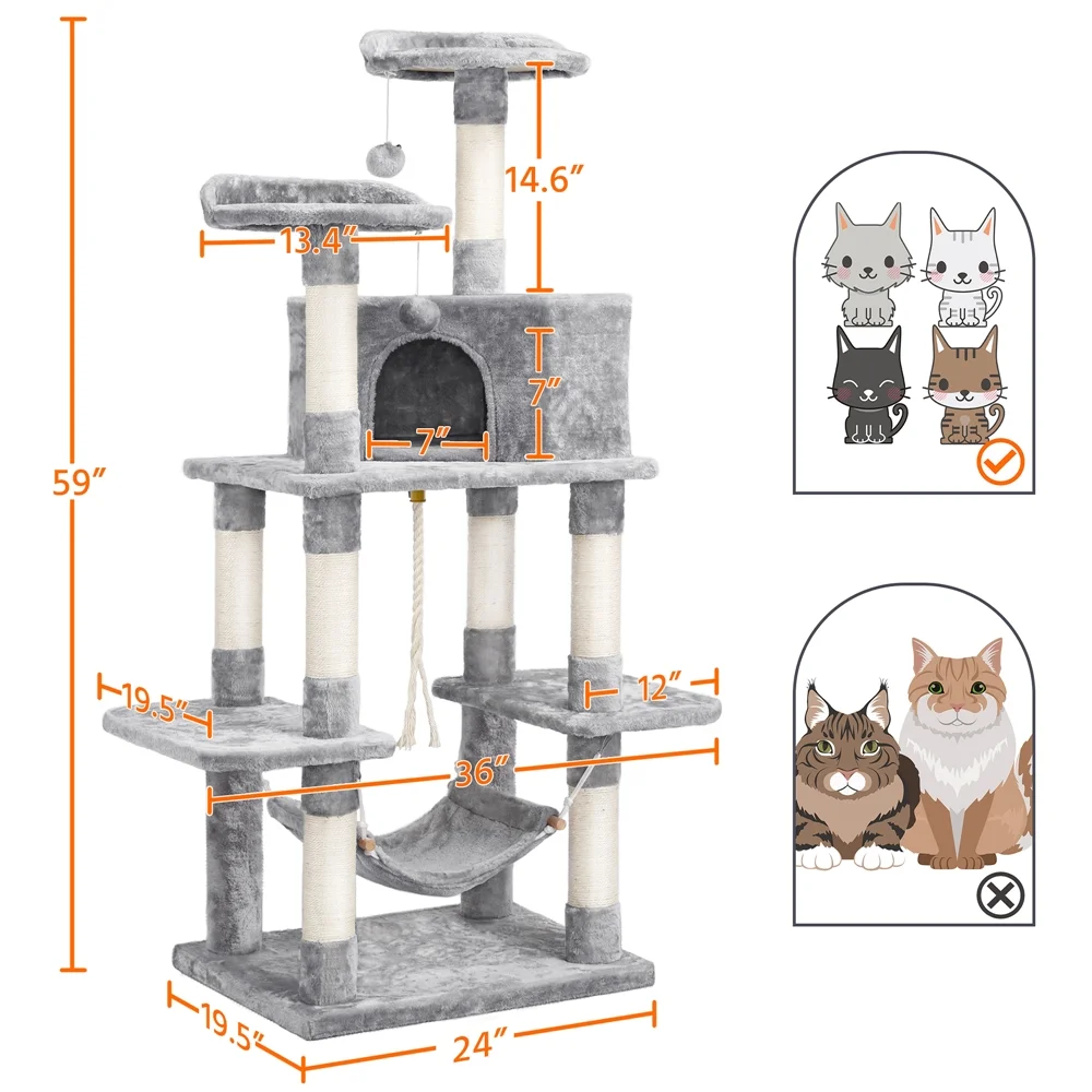 Easyfashion 59''H Multilevel Cat Tree Cat Tower, Light Gray