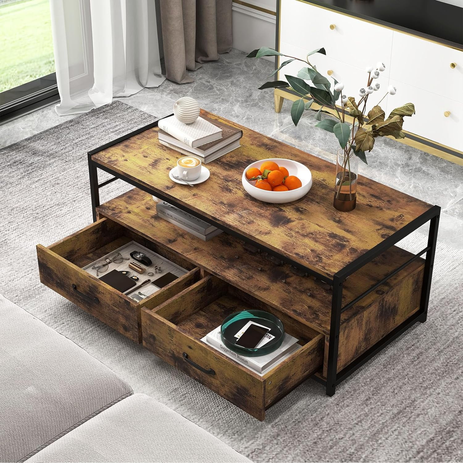 JYHOME Industrial Wood Coffee Table - Living Room Rectangular Center Table w/ 2 Drawers & Open   Accent Sofa Console Table w/Sturdy Metal Frame & Wooden Top  Rustic Brown