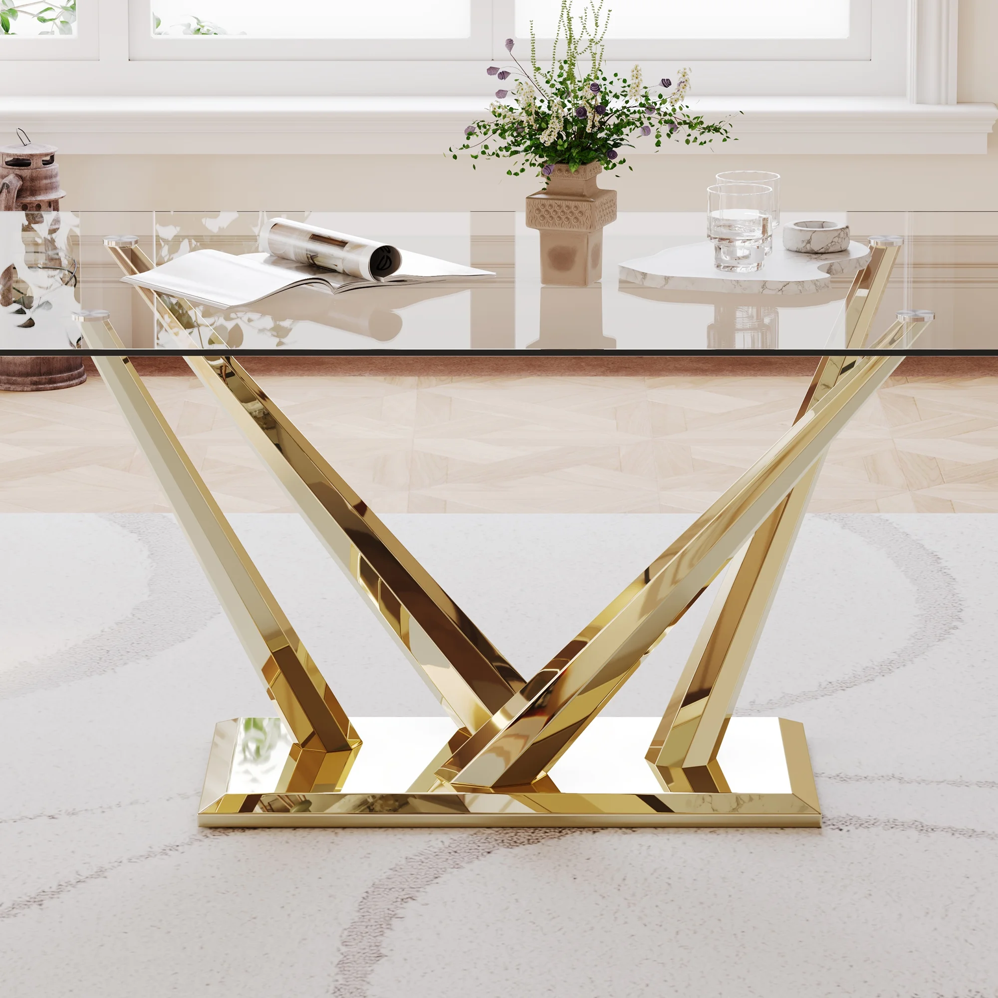 Ssline Rectangular Dining Table, Tempered Glass Top, Stainless Steel Base for Dining Room