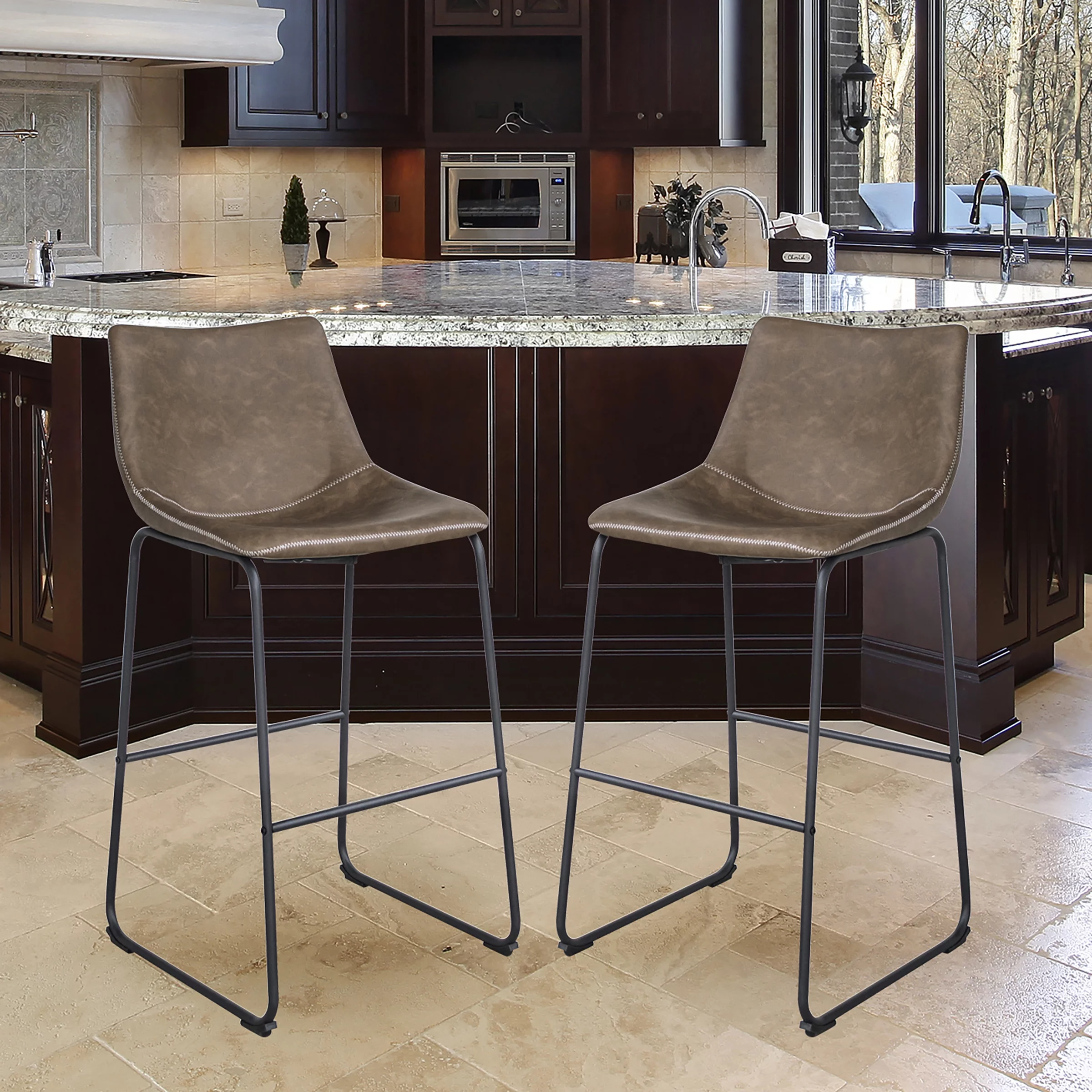 AmeriHome 30 inch Classic Full Back Coffee Finish Faux Leather Bar Chair Set