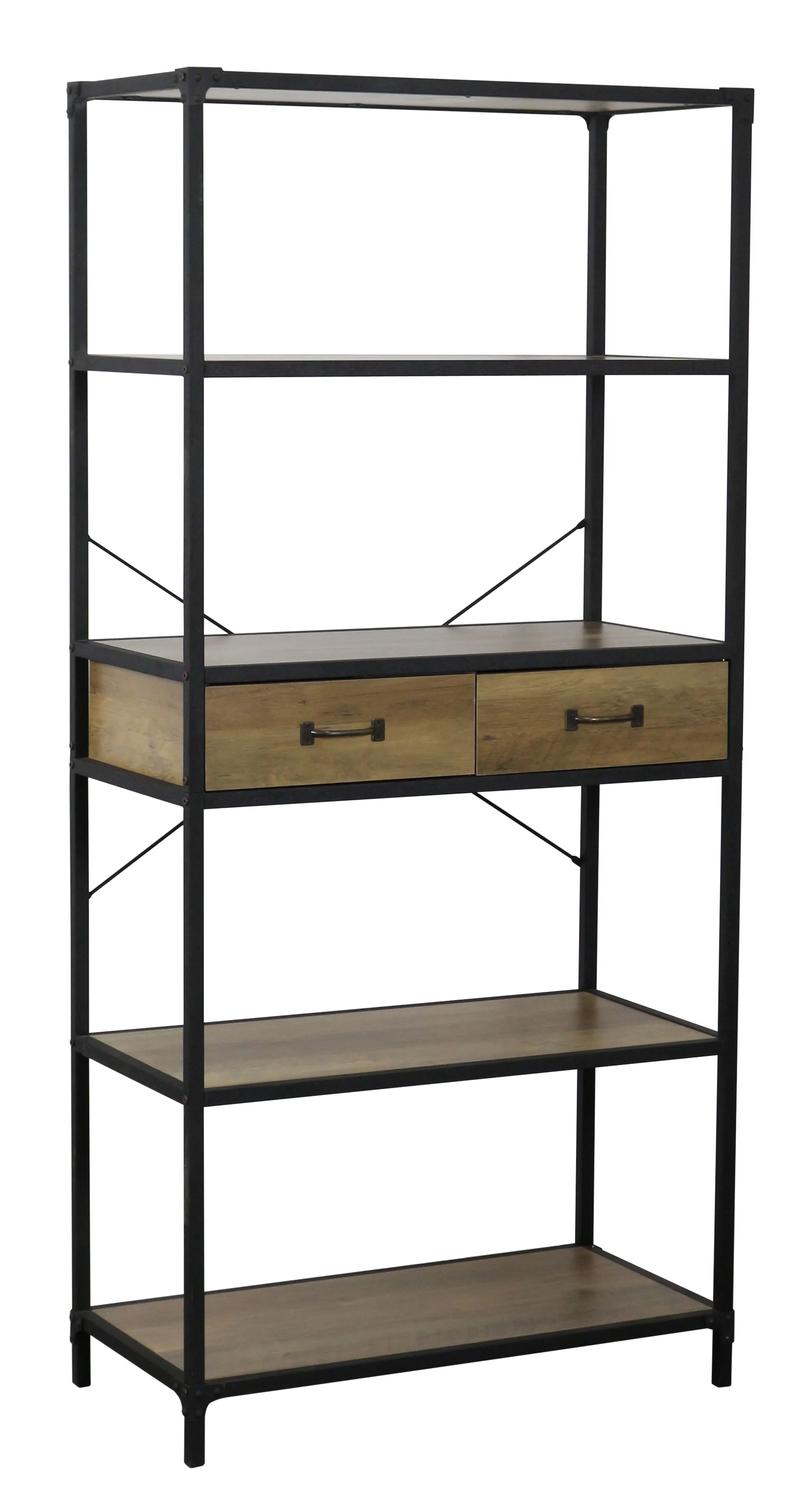 eHemco 5 Tier Rustic Design Bookcase with 2 Drawers, 68.5 Inches, Black Base