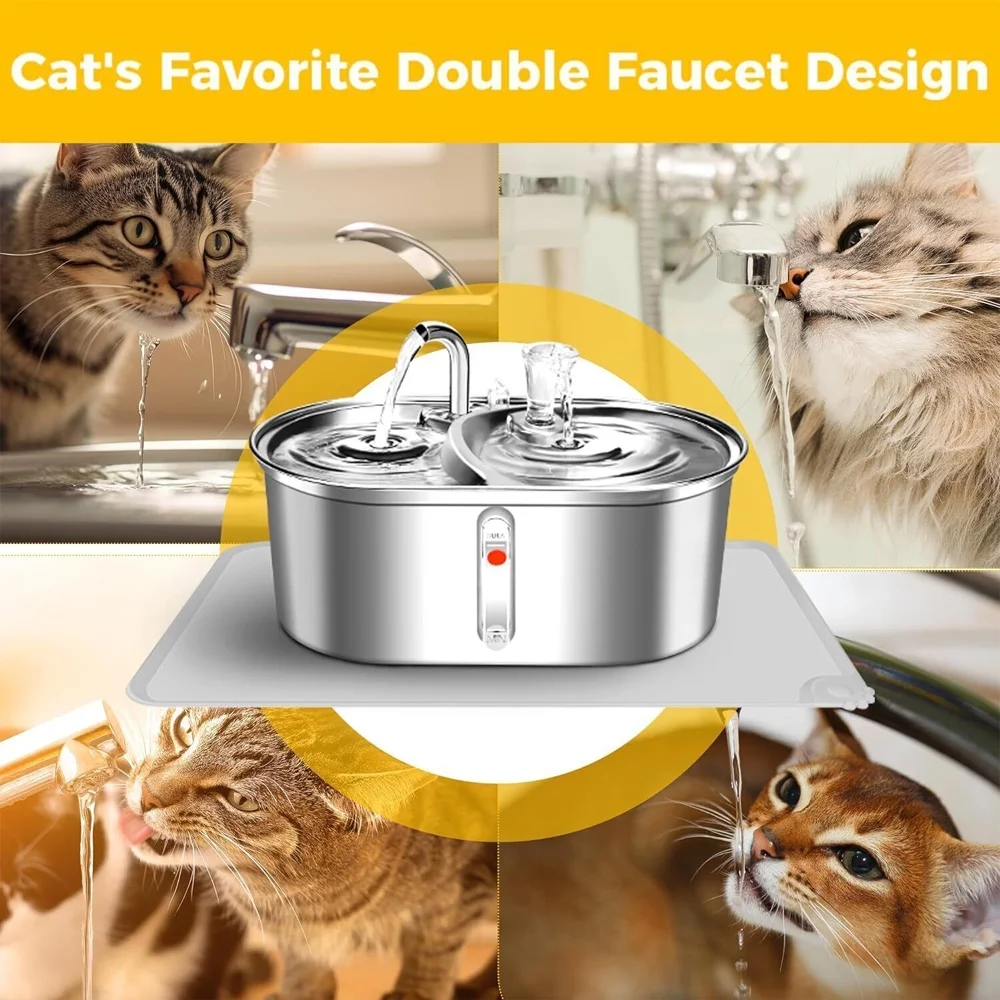 Two Cat Water Fountain Stainless Steel 3L/101oz Automatic Pet Water Fountai