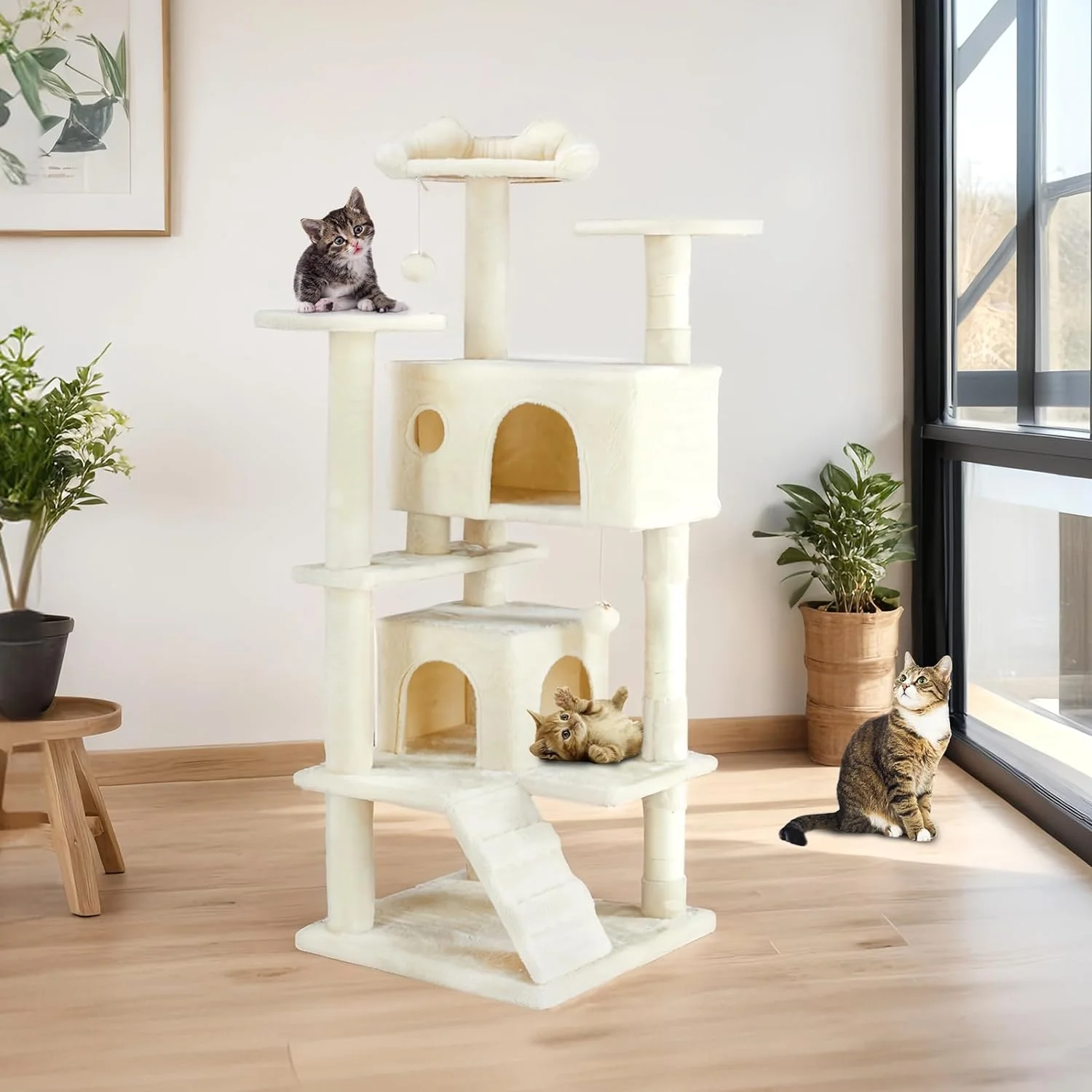 54in Cat Tree Tower for Indoor Cats, Multi-Level Pet Furniture, Kitty Play House with Sisal Scratching Post, Large Condo, Climbing Ladder, Plush Toy for Kitten, Beige