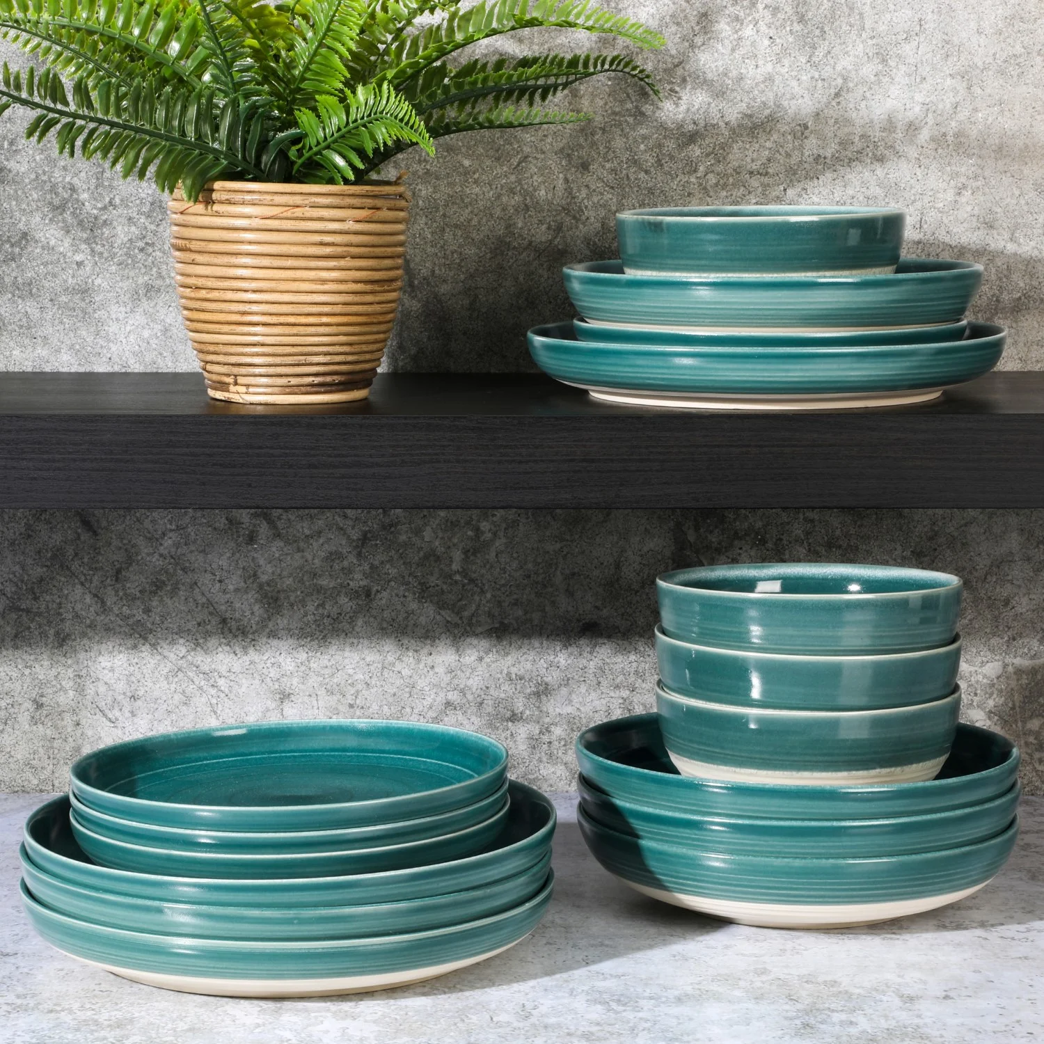 Gibson Elite Clarina 16 Piece Double Bowl Stoneware Reactive Glaze Round Plates and Bowls Dinnerware Set - Teal