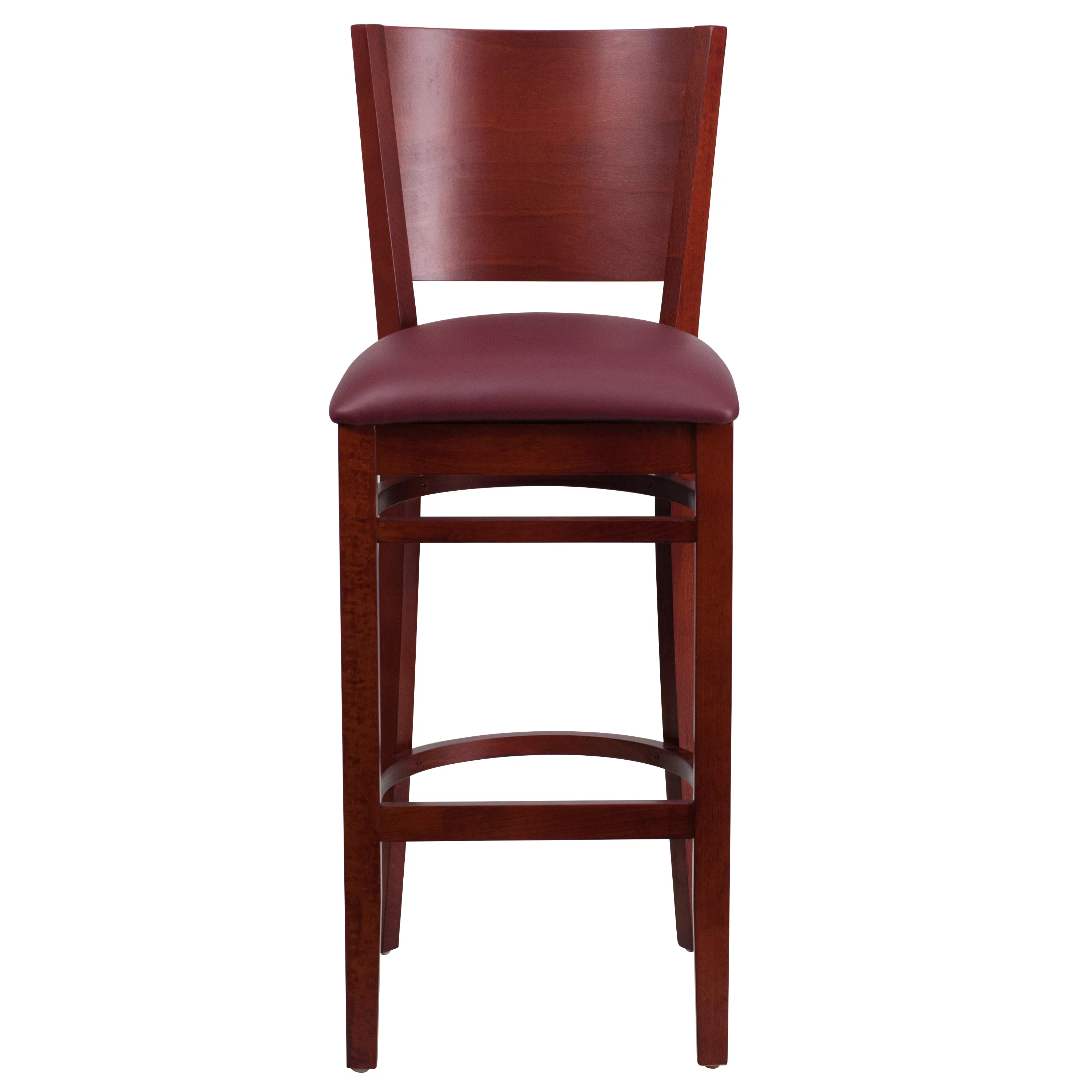 Flash Furniture 2 Pk. Lacey Series Solid Back Mahogany Wood Restaurant Barstool - Burgundy Vinyl Seat