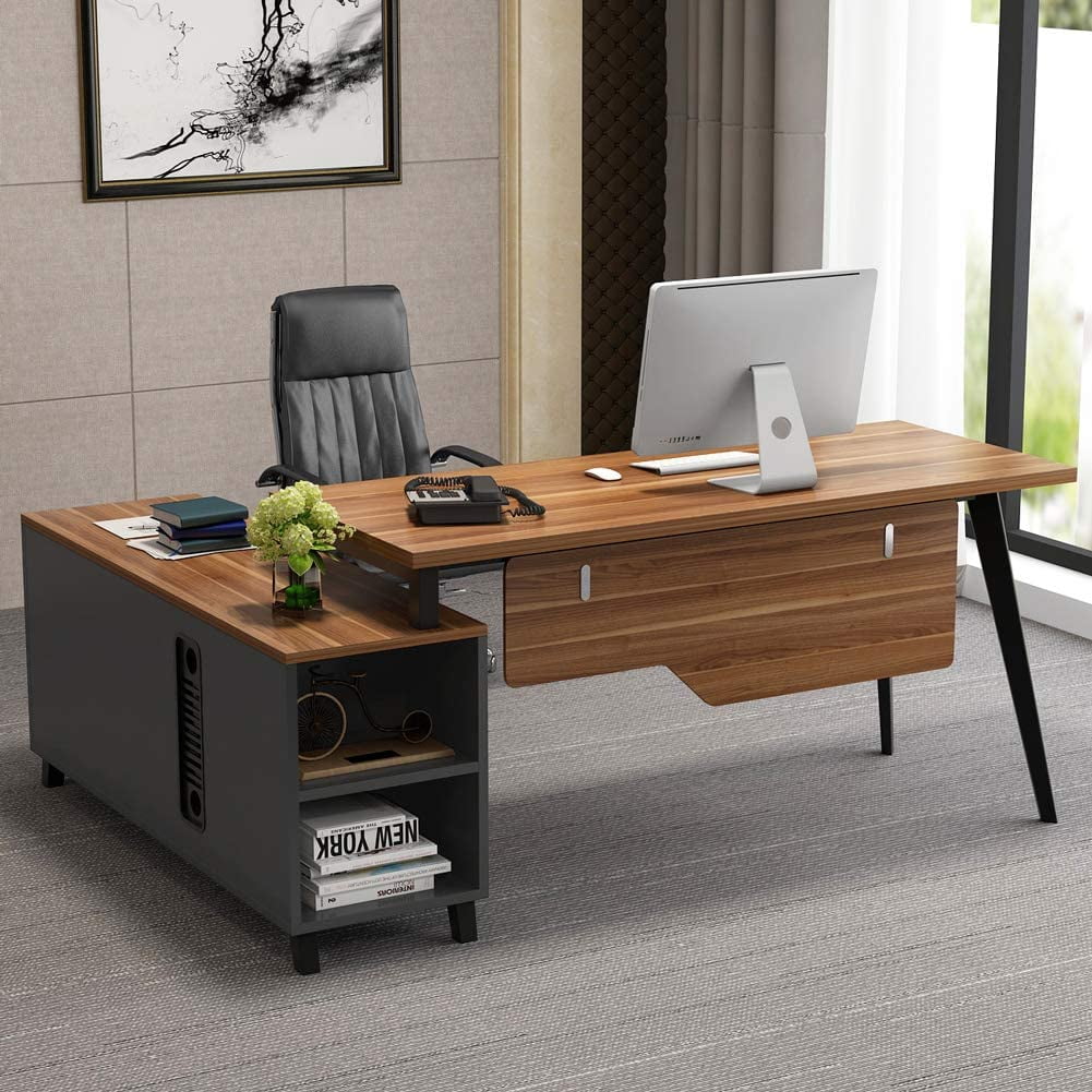 TribeSigns L-Shaped Desk, Large Executive Office Desk Computer Table Workstation with Storage Shelves, Business Furniture with File Cabinet, Dark Walnut + Stainless Steel Legs